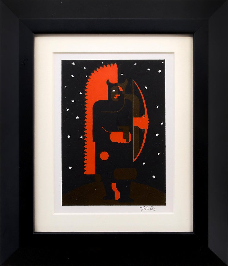 'Indian with Bow in Fox Costume'  is a vintage 1934 WPA era modernist color serigraph/silkscreen print by New Mexico artist, Hilaire Hiler (1898-1966) depicting a Native American figure with stylized feather headdress and Bow in black and red with