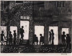 Night Life, Paris, France, Vintage 1928 Signed Black & White Woodcut/Woodblock