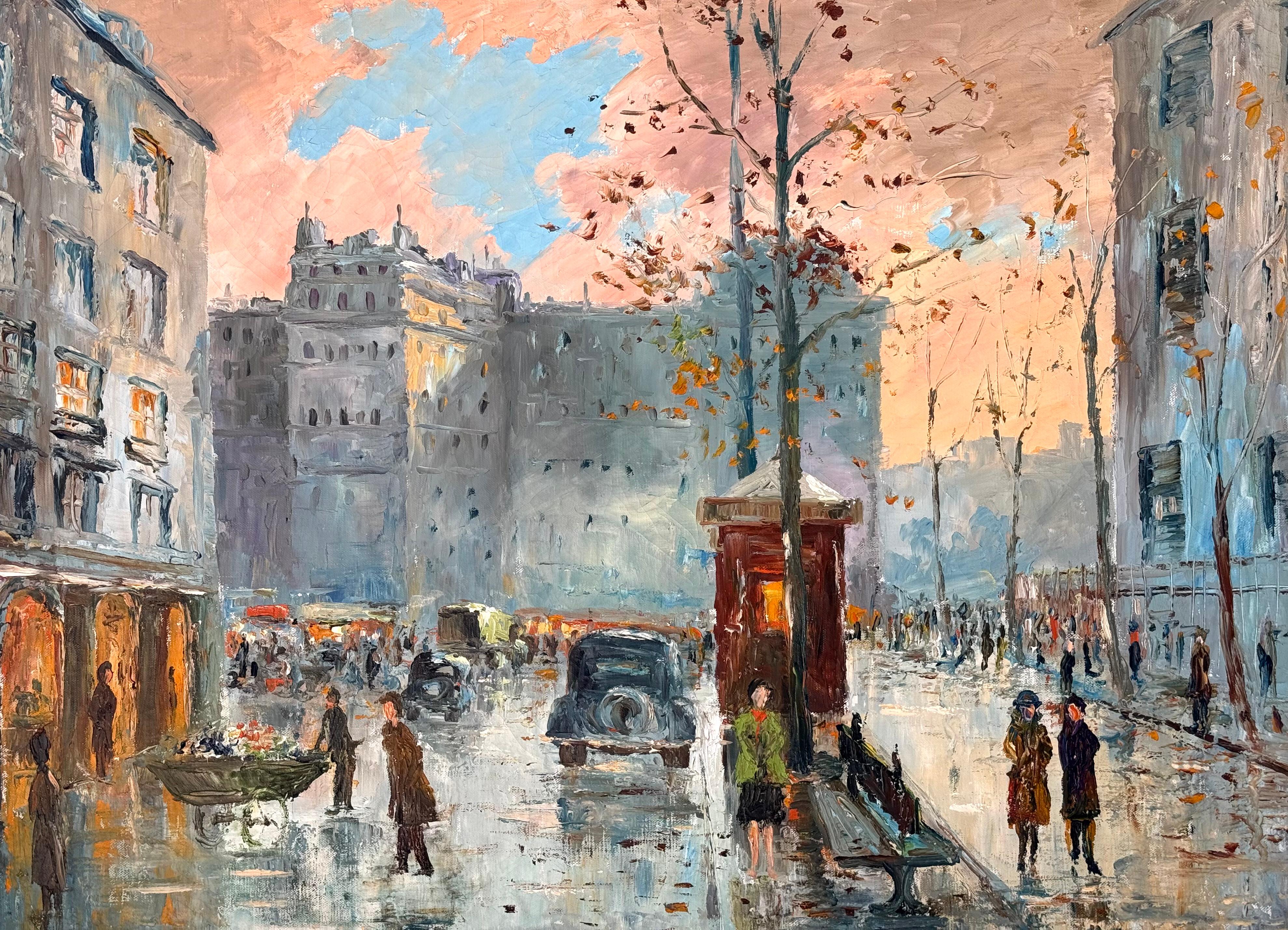 Pintura original al óleo sobre lienzo de una escena callejera parisina realizada en estilo postimpresionista por el artista portugués Hilario Roberto.  Escena callejera con el emblemático carro de flores parisino.  Montmartre aparece en el fondo a