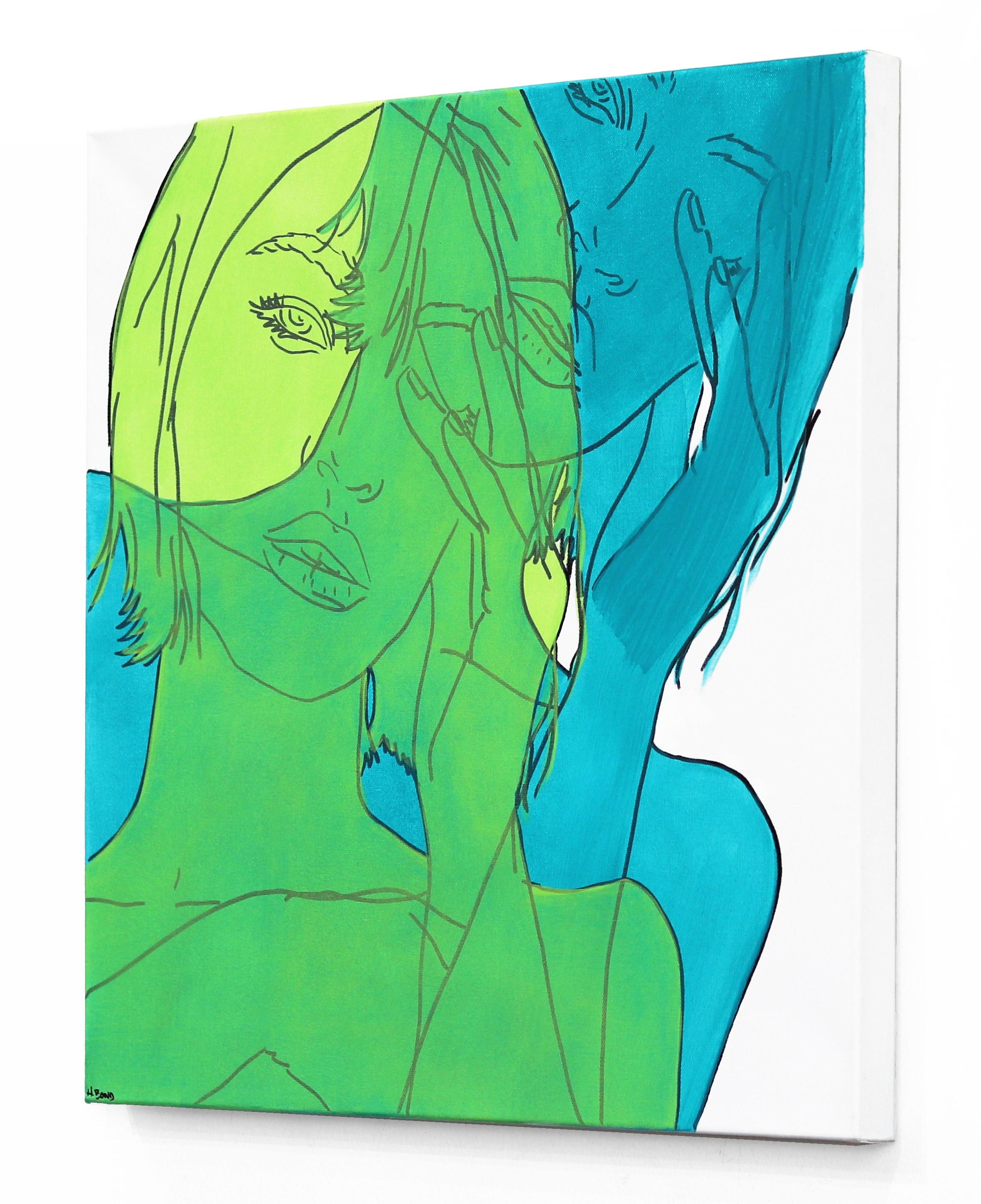 Untitled (Spring I) - Portrait figuratif de femme verte et bleue - Peinture Pop Art en vente 2