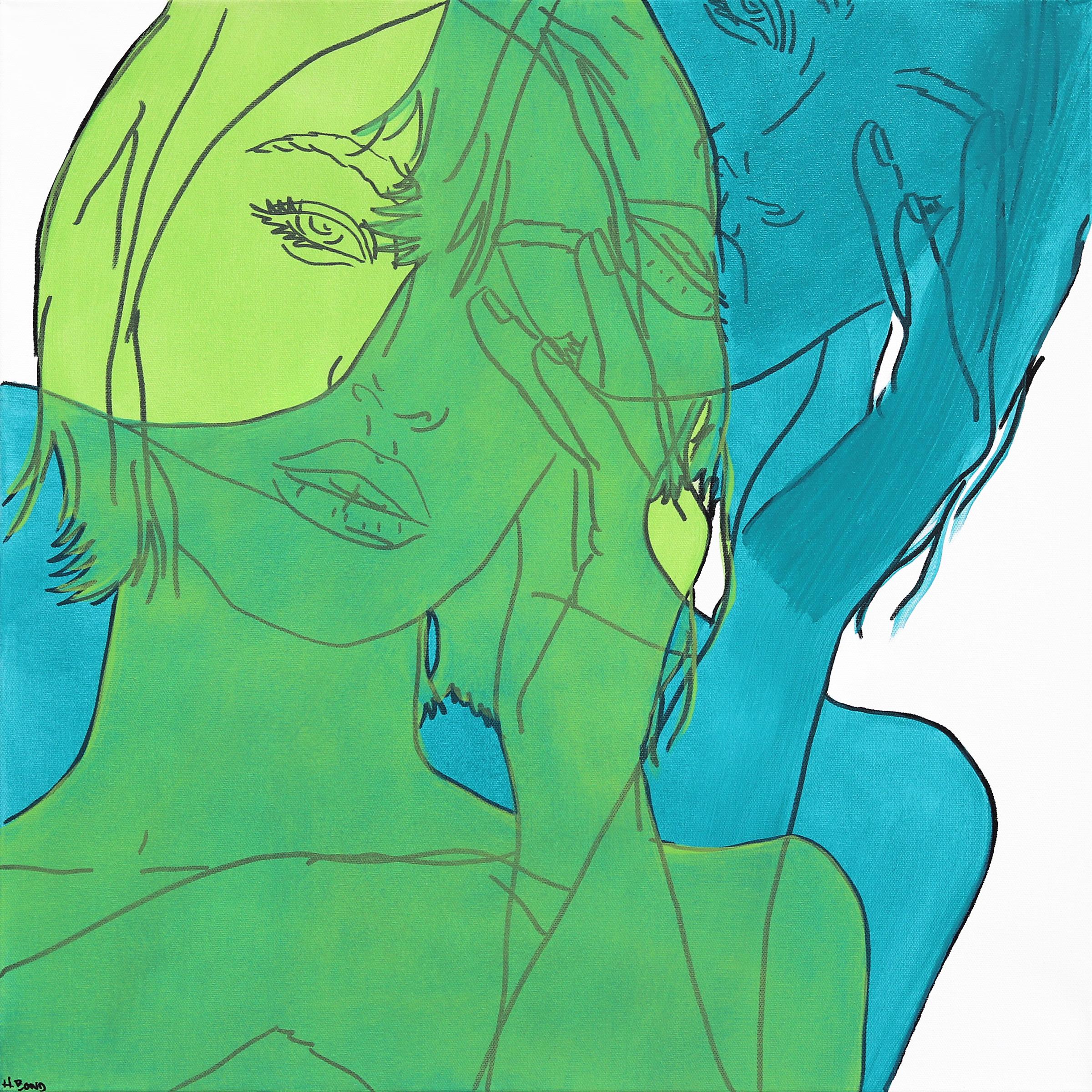 Untitled (Spring I) - Portrait figuratif de femme verte et bleue - Peinture Pop Art - Mixed Media Art de Hilary Bond