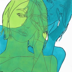 Sin título (Primavera I) - Retrato Figurativo Mujer Verde y Azul Pintura Pop Art