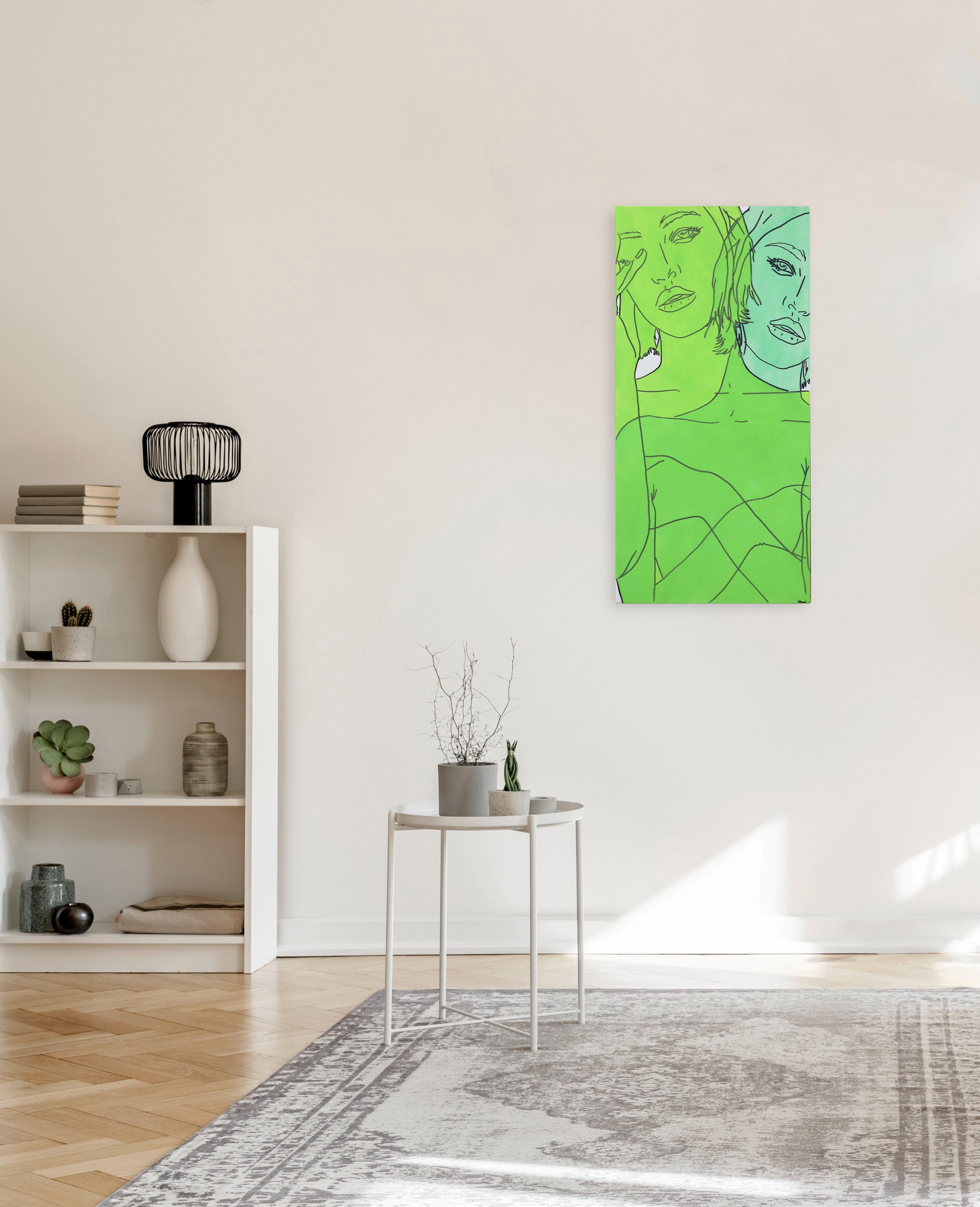 Sin título (Primavera III) - Retrato Figurativo Mujer Verde y Aqua Pop Art en venta 3