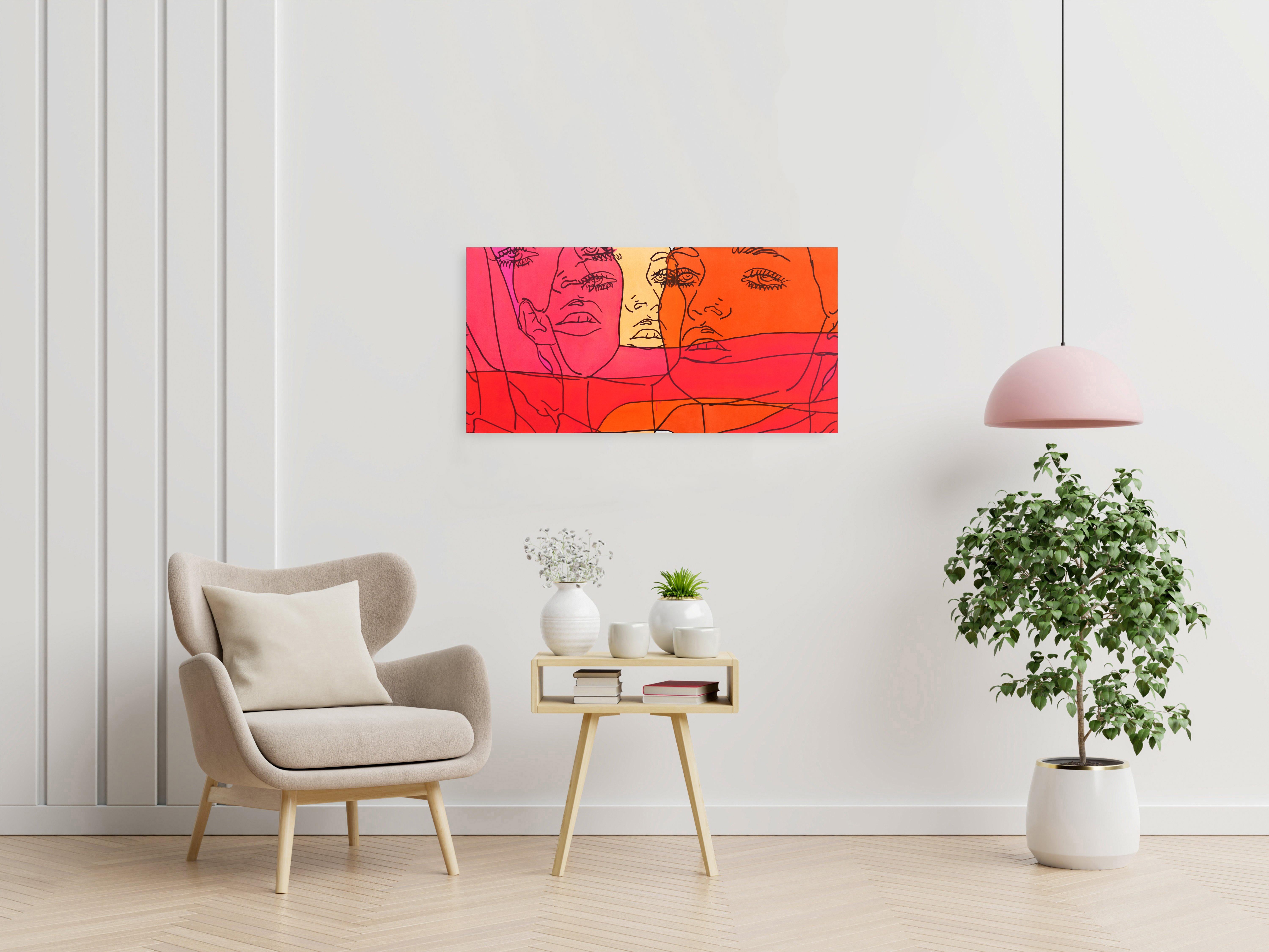 Untitled (Fire IV) - Figuratives Porträt einer rosa-orangefarbenen Frau, Pop-Art-Gemälde im Angebot 3