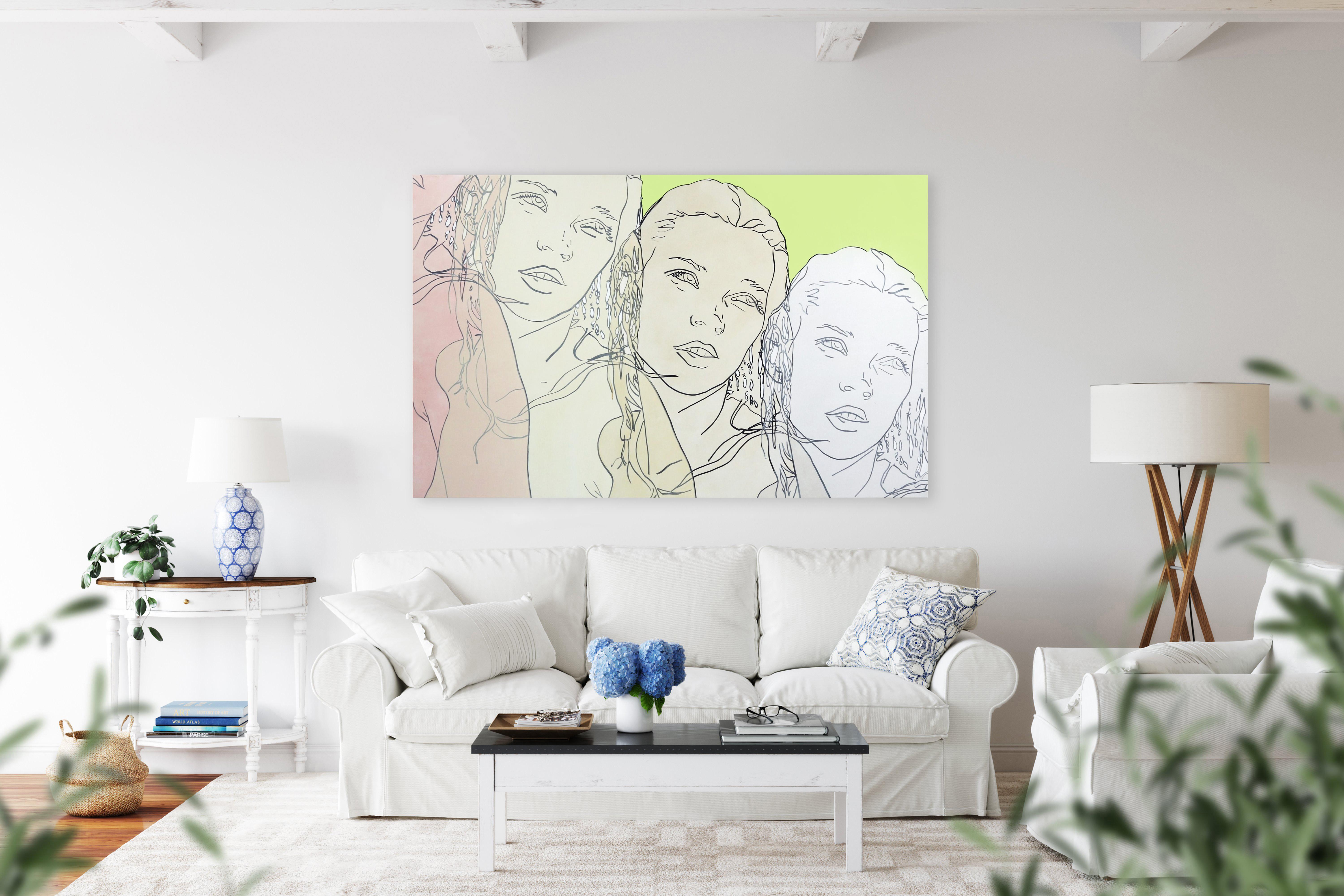 Untitled (Green, Pink, Ivory, Pearl Kate) - Figurative Portrait Pastel Pop Art  For Sale 3