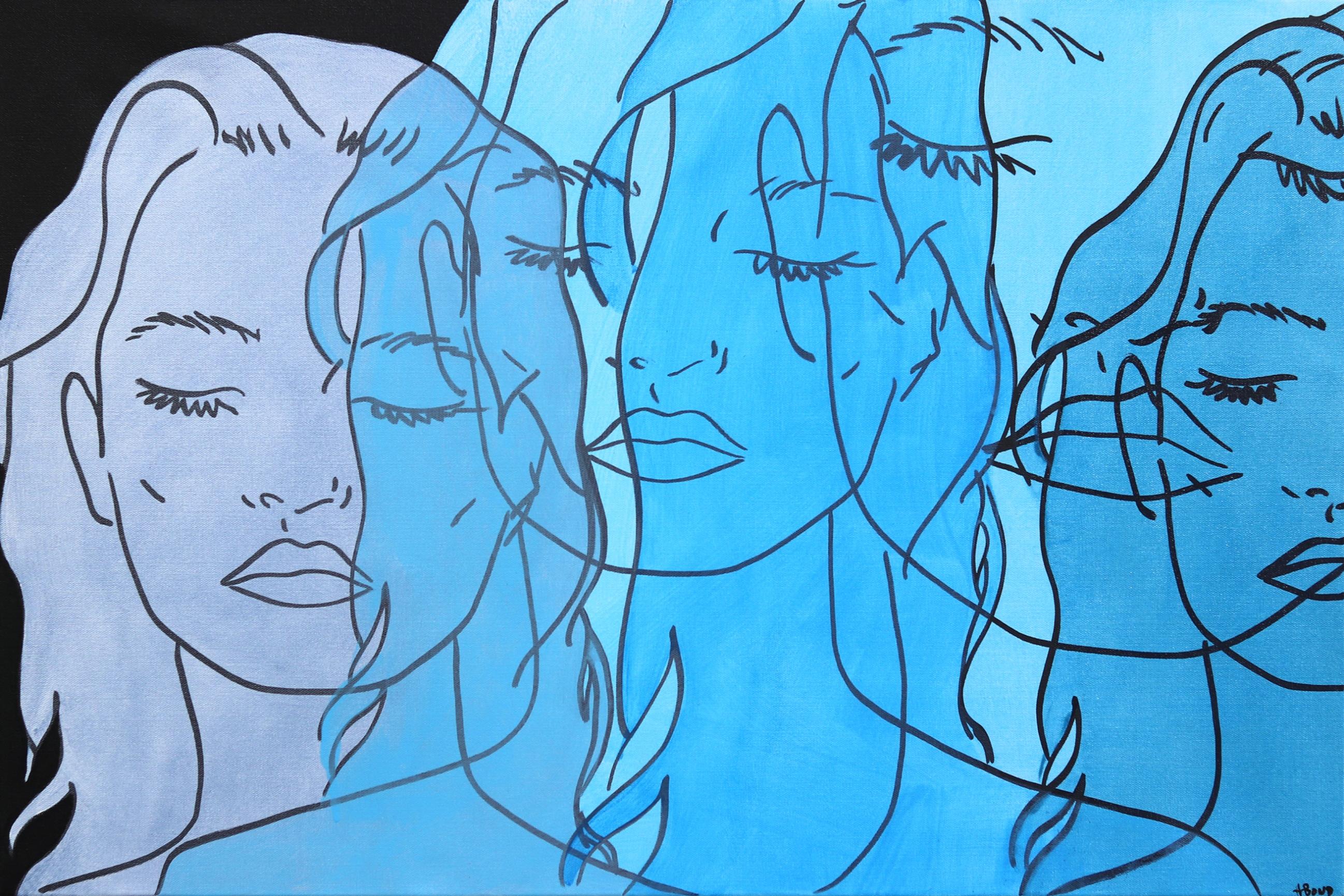 Portrait Painting di Hilary Bond - Senza titolo (Come un sogno II) - Ritratto figurativo Donna blu vibrante Pop Art