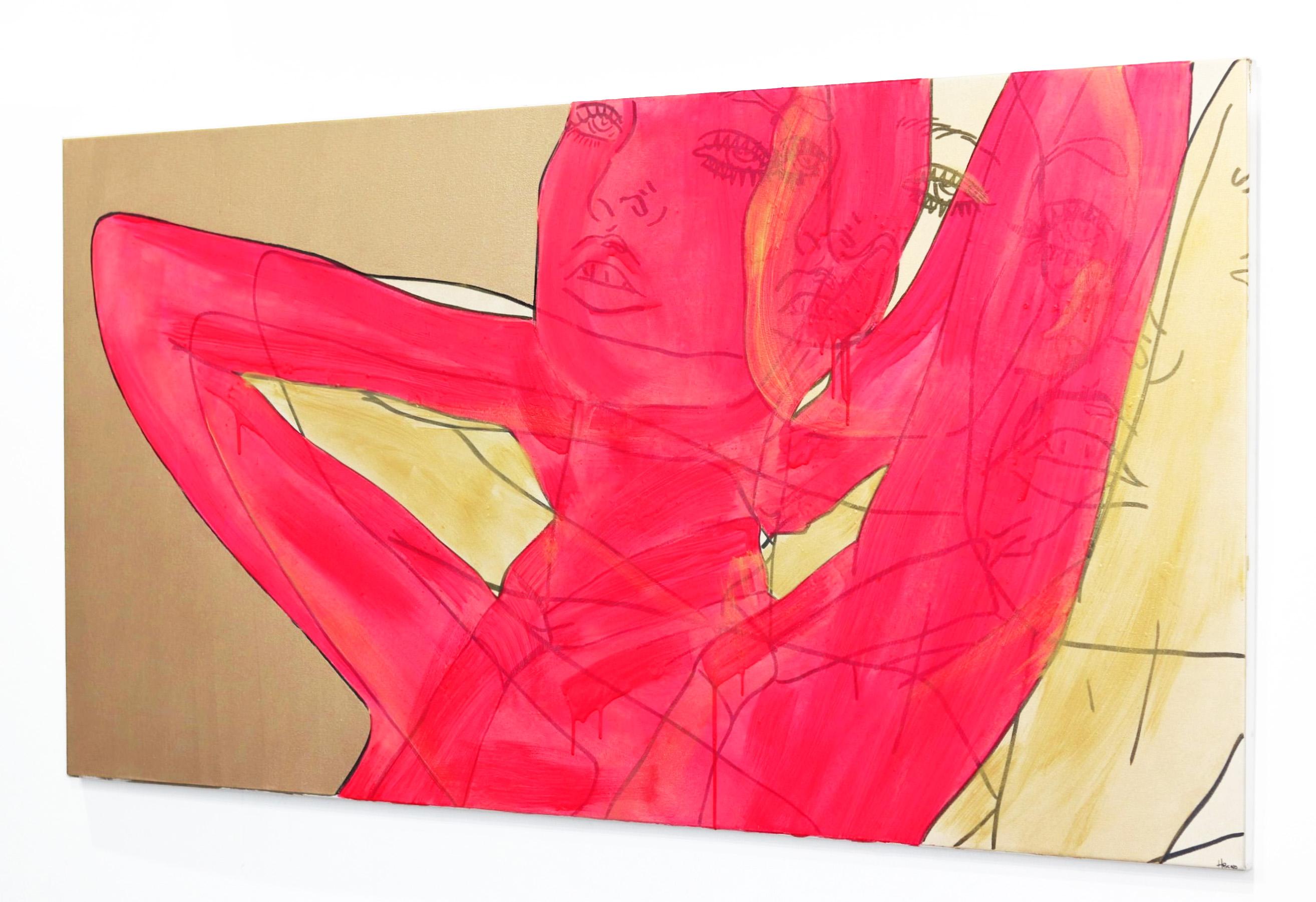 Untitled (Pink and Gold Tie) - Figurative Portrait Woman Pop Art Painting For Sale 2