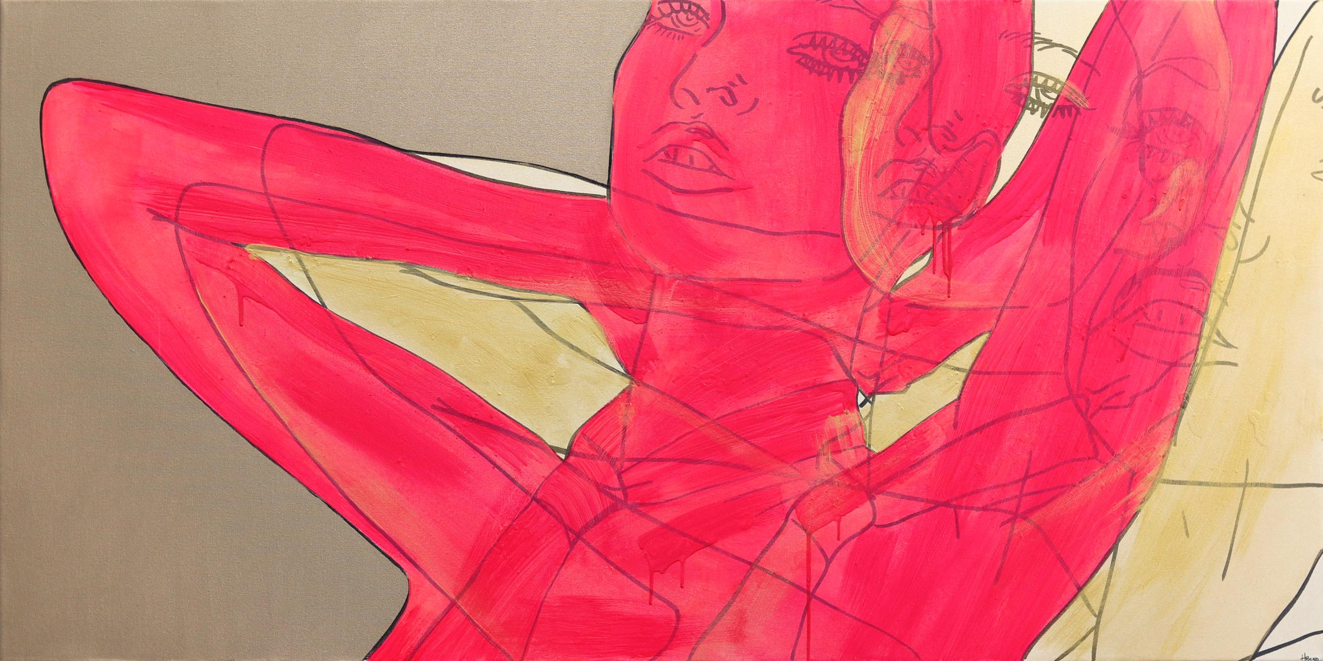 Hilary Bond Portrait Painting - Untitled (Pink and Gold Tie) - Figurative Portrait Woman Pop Art Painting