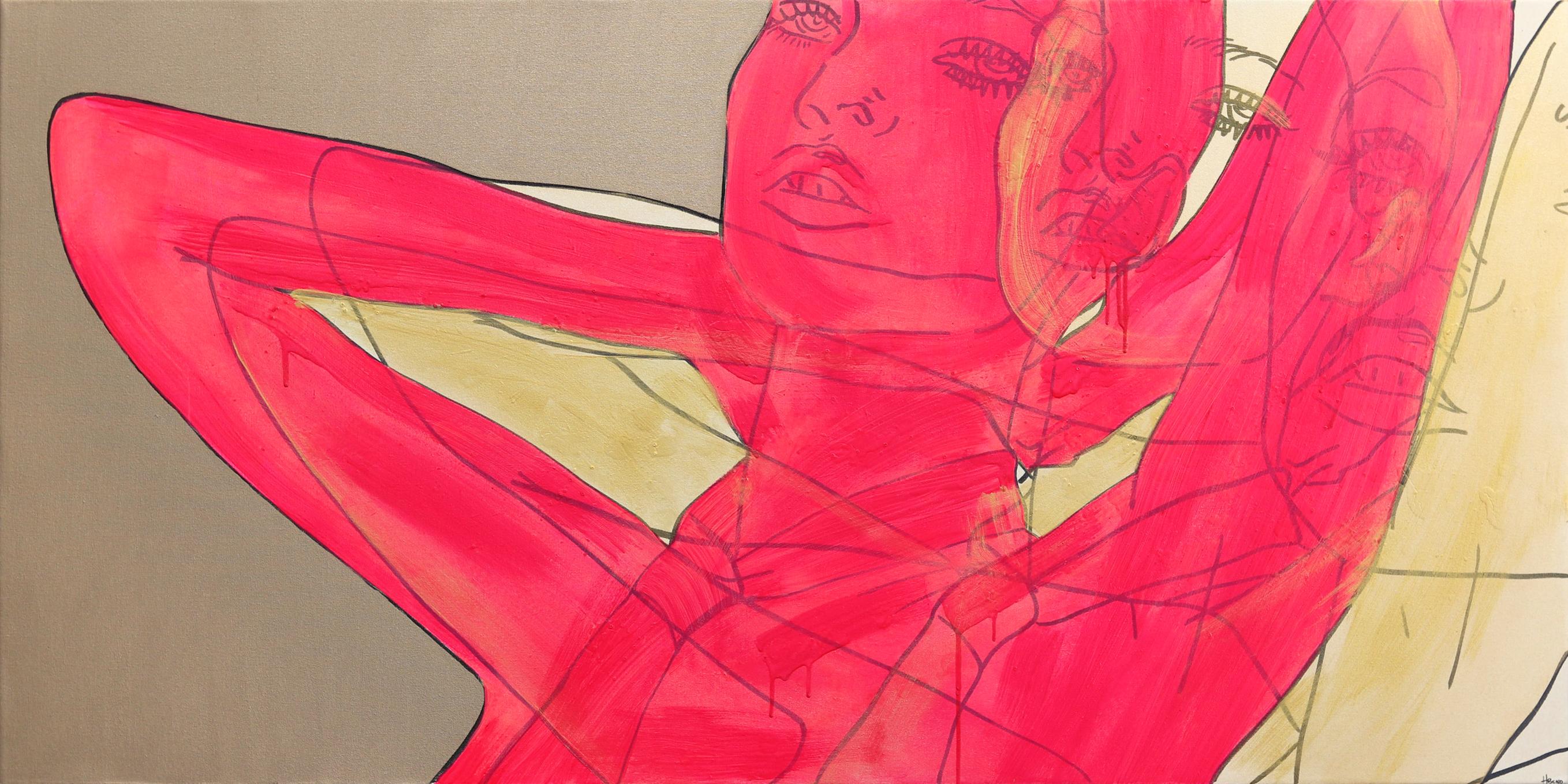 Sin título (Corbata rosa y dorada) - Retrato Figurativo Mujer Pintura Pop Art