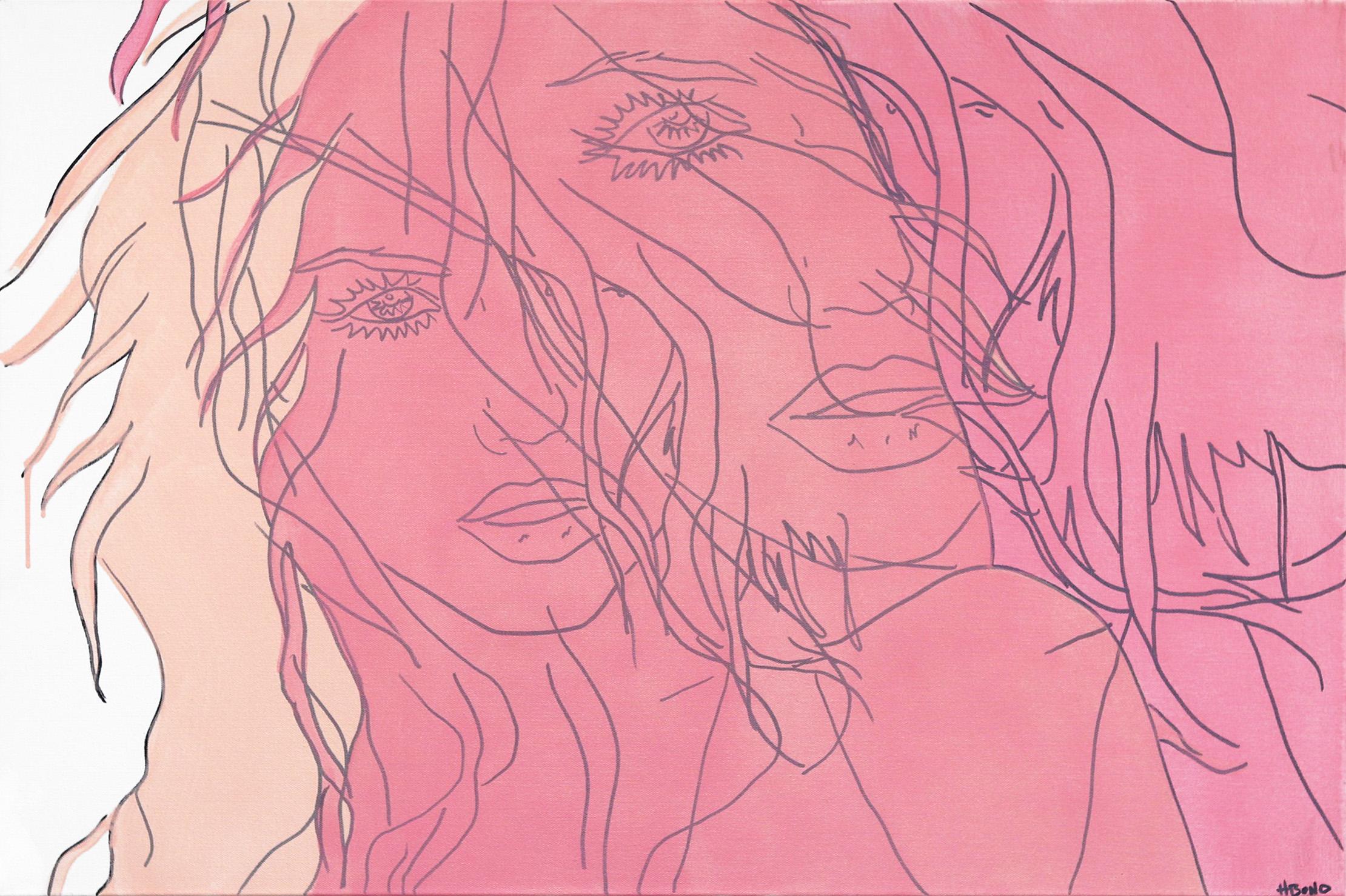 Abstract Painting Hilary Bond - Sans titre rose VI - Portrait figuratif de femme - Peinture Pop Art