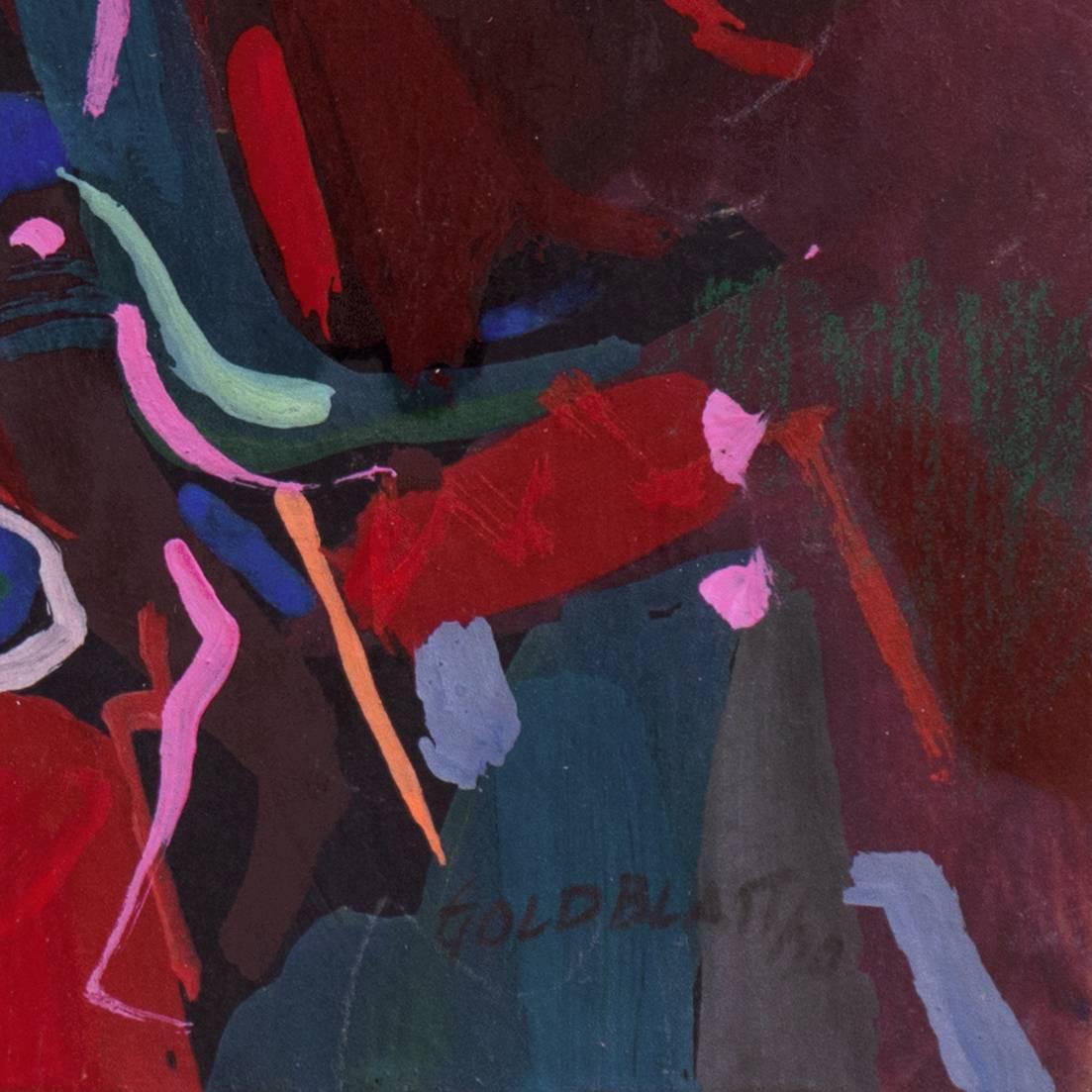 Signed lower right, 'Goldblatt' and dated 1990.

A dynamic, cabinet-size oil abstract comprising contiguous and overlapping areas of coral, jade, pink and slate-blue with additional linear and circular emphasis. 

This noted sculptor, painter and