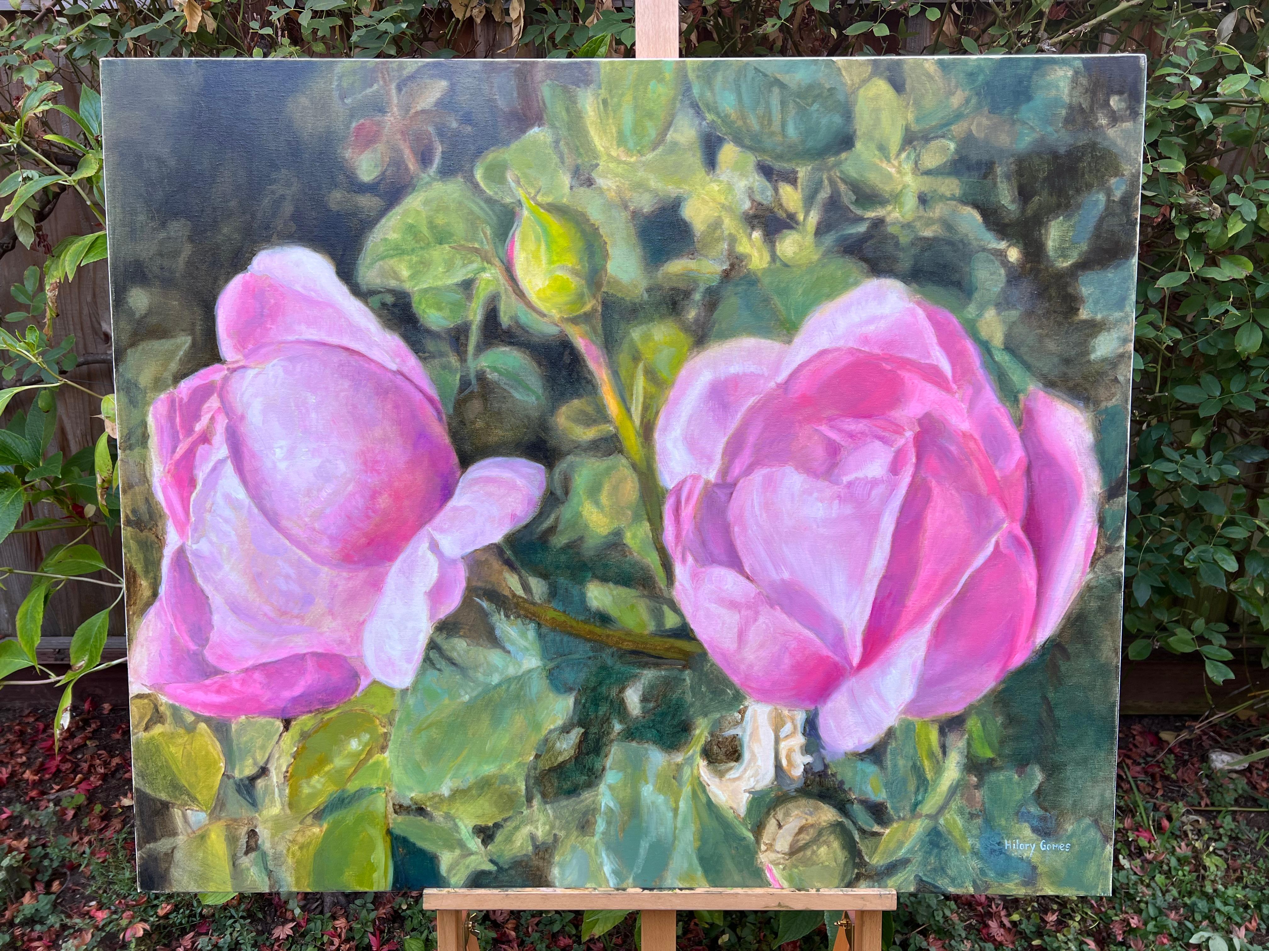 <p>Artist Comments<br>Two dainty roses blossom next to each other while a little bud eagerly awaits to join them. The sun casts a warm glow onto the pink petals and green leaves, creating a delicate shadow that highlights their details. Artist