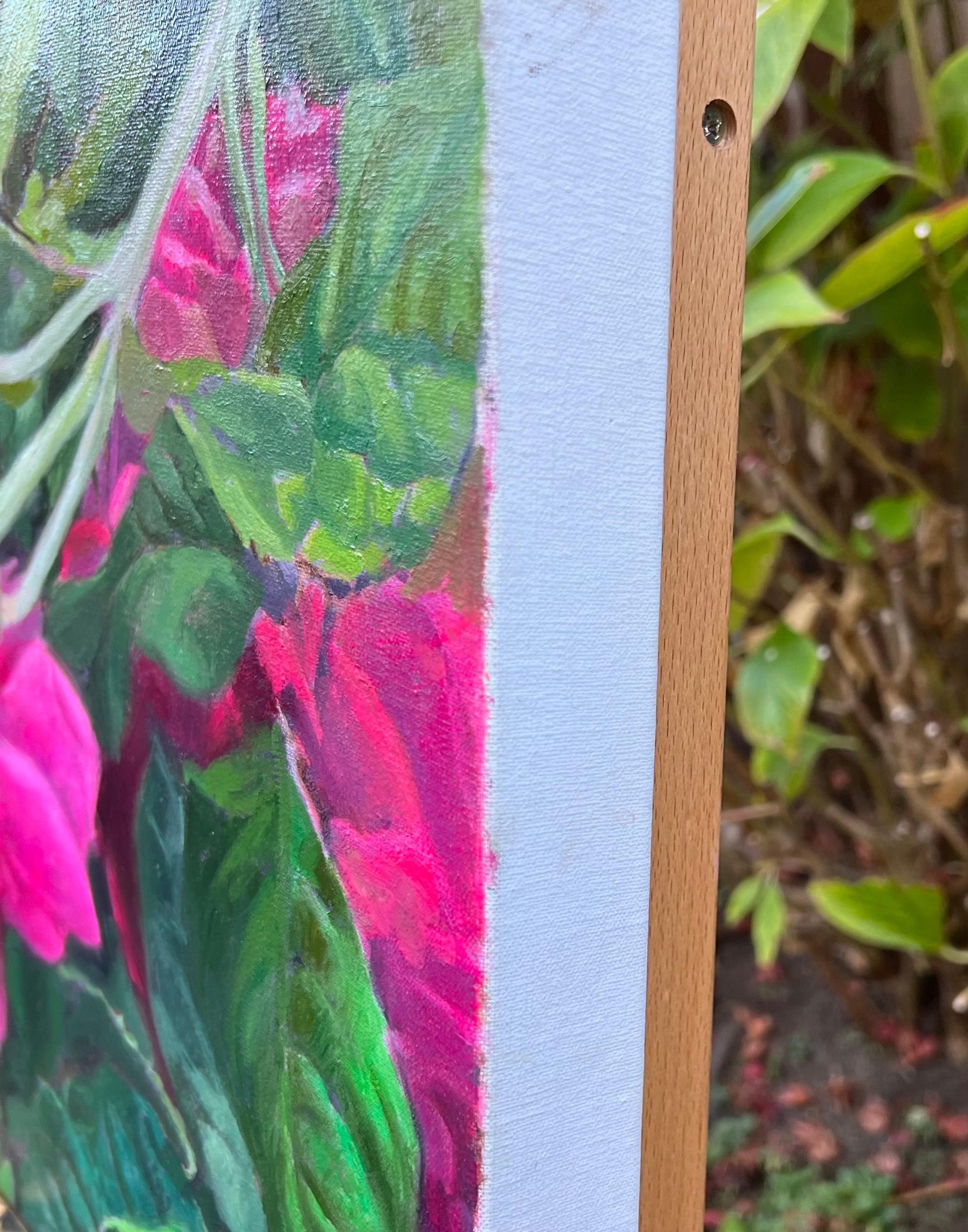 <p>Artist Comments<br>Bright pink roses rest on a bed of vibrant green leaves. The sun shines, casting a warm glow and a gentle shadow across the garden. For artist Hilary Gomes, a composition like this serves as a metaphor for life and love. The
