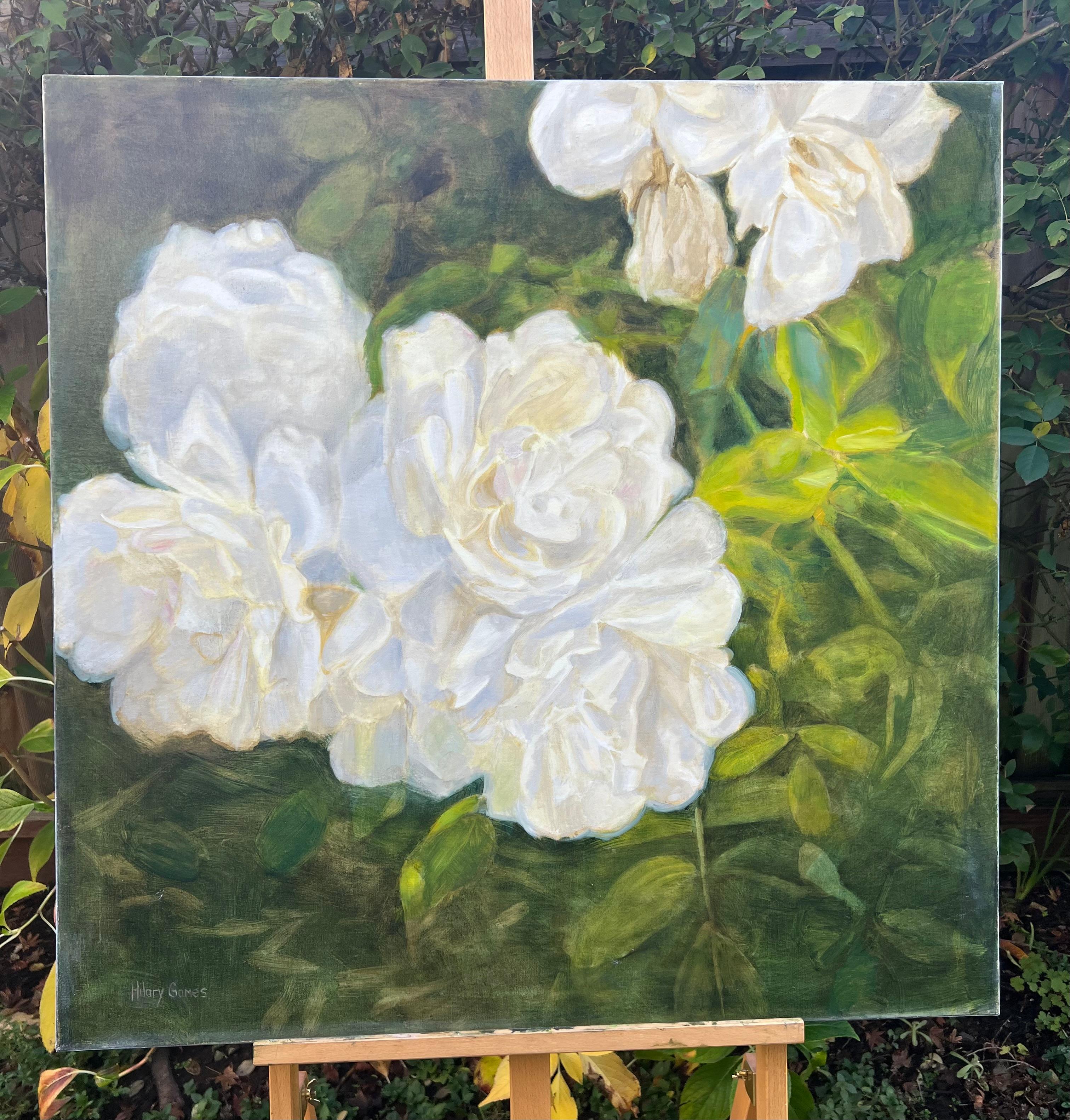 <p>Artist Comments<br>Fully bloomed white roses flourish in the bright sunlight. Resting on a bed of lush green leaves, the soft edges of their petals display their delicate nature. The grisaille underpainting and the glaze layers add luminous and