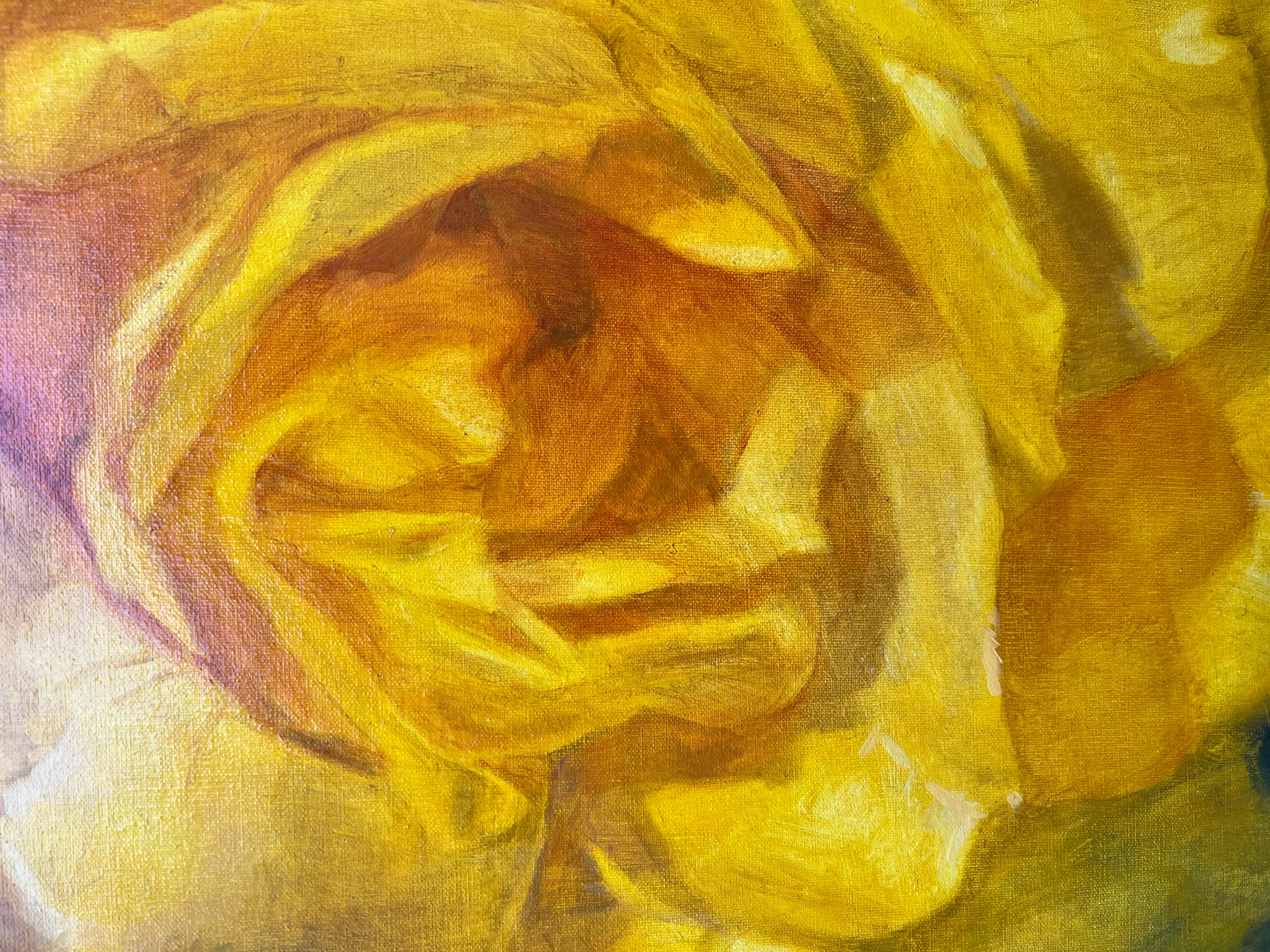 <p>Artist Comments<br>A yellow rose blooms atop a bush, its petals shining brilliantly under the sun. Through light and color, Hilary captures the inspiring beauty of her garden. For her, painting flowers serves as a metaphor for life and