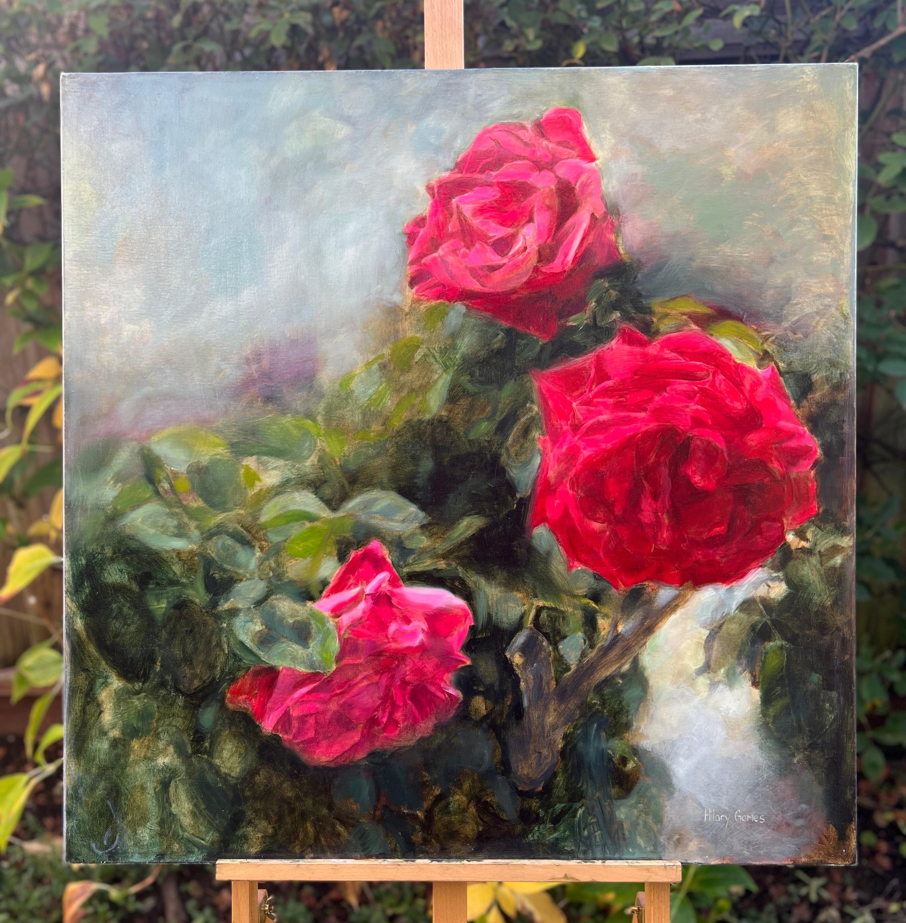 <p>Artist Comments<br>Red roses bloom in the bright sunlight. Against the hazy garden background, the soft edges of their petals reveal their delicate nature, giving a classical feel to the piece. The grisaille underpainting and the glaze layers add