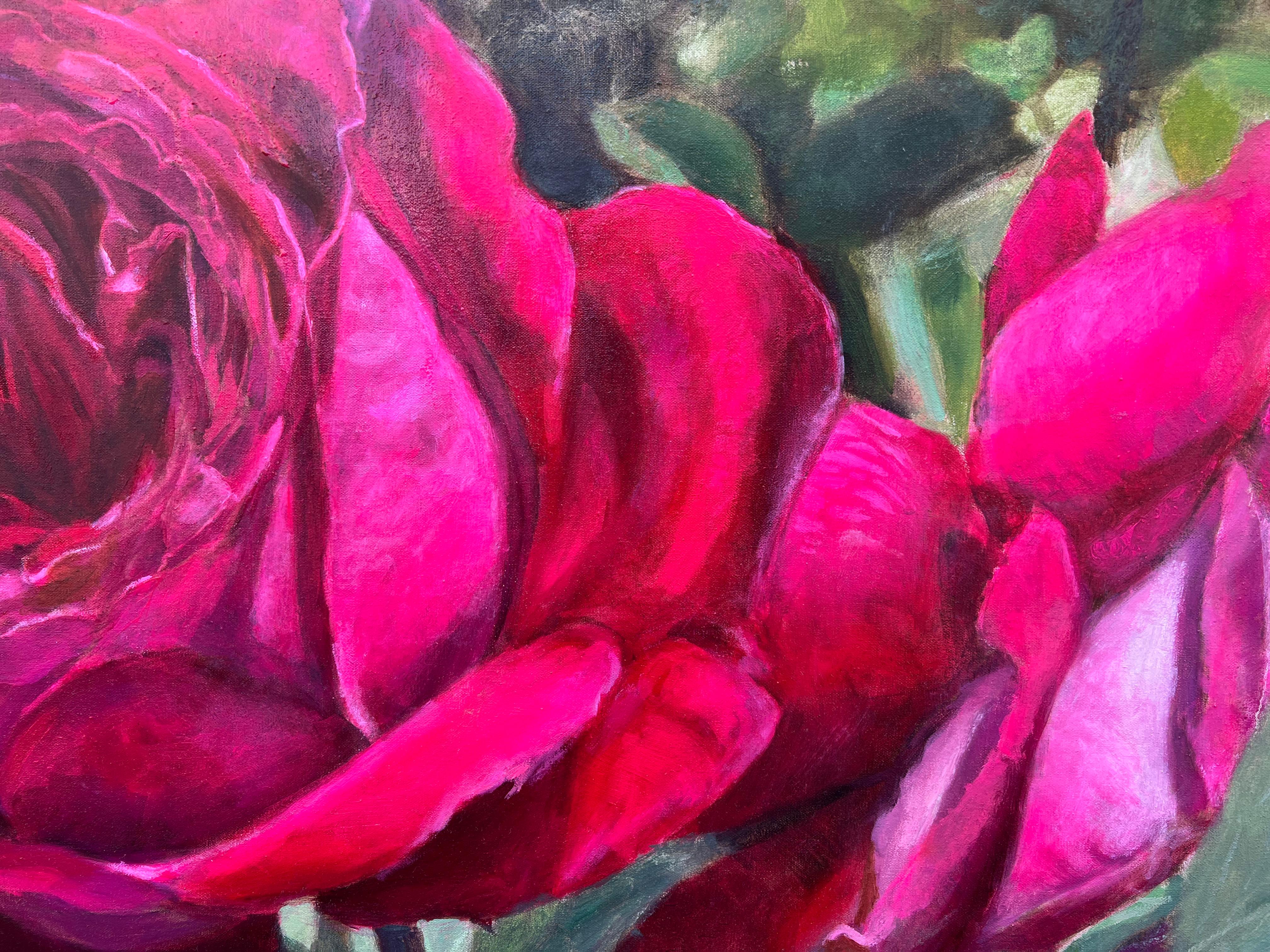 <p>Kommentare des Künstlers<br>Das Gemälde zeigt drei rote Rosen, die in einem blühenden Garten gedeihen. Die Sonne wirft Schatten und hebt die feinen Details der Blätter und Blüten hervor, wodurch eine realistische Darstellung der Natur entsteht.