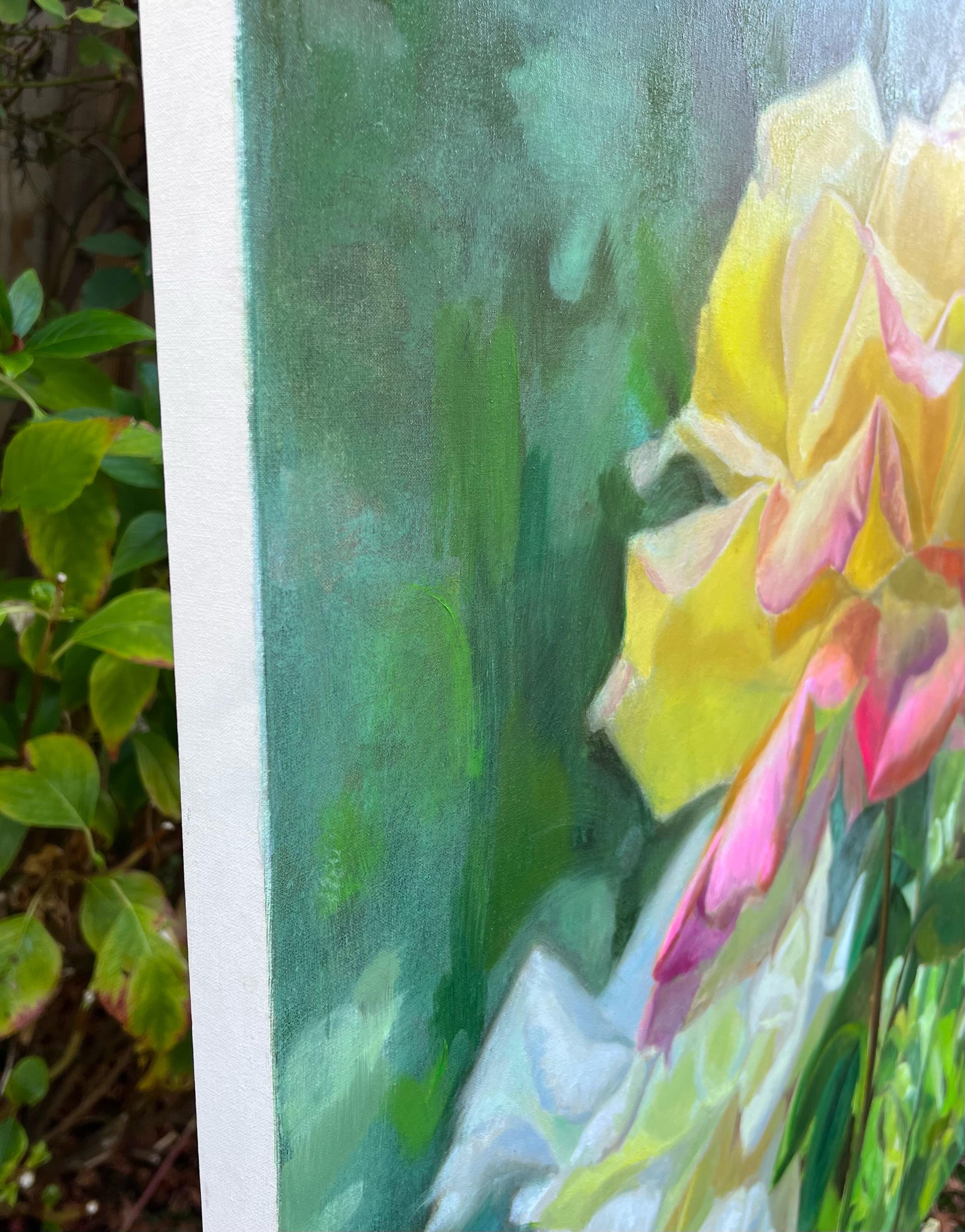 <p>Artist Comments<br>The painting shows a delicate yellow rose with pink flushes on the petal edges and a white flower gracefully blooming in the background. The surrounding green foliage adds a touch of natural beauty to the piece. Artist Hilary