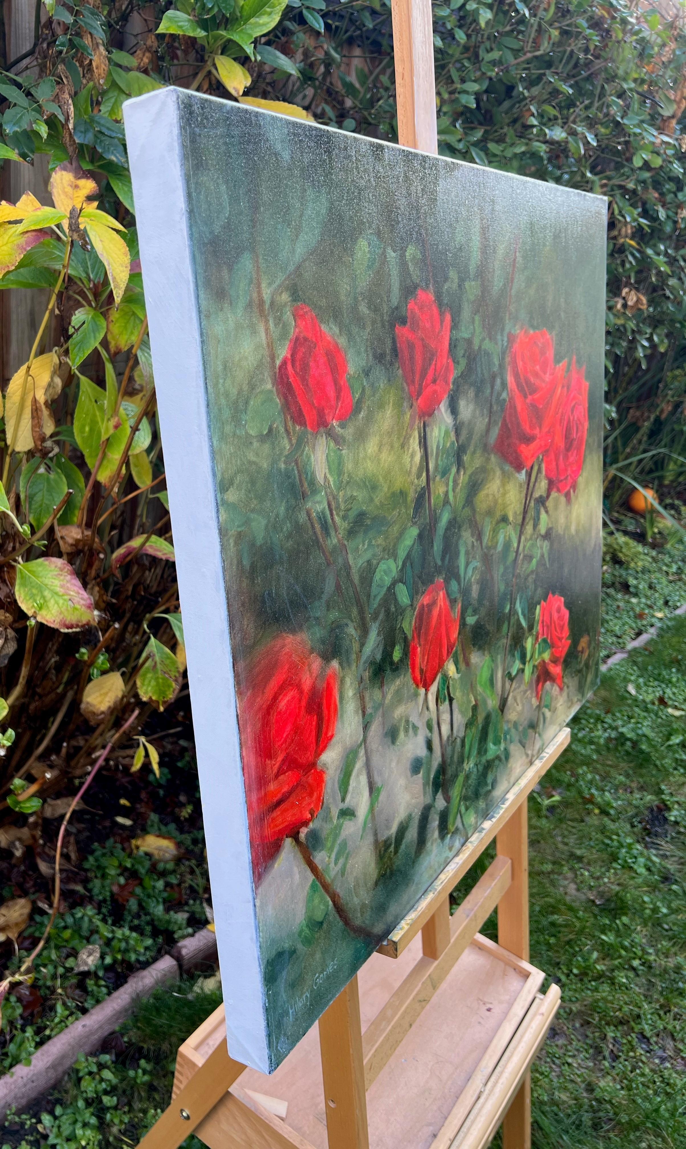 <p>Artist Comments<br>Seven red roses delicately cling to their slender stems and sparse bush. The bright sunlight illuminates their vivid presence, imbuing the garden scene with a classical and timeless charm. The grisaille underpainting and the