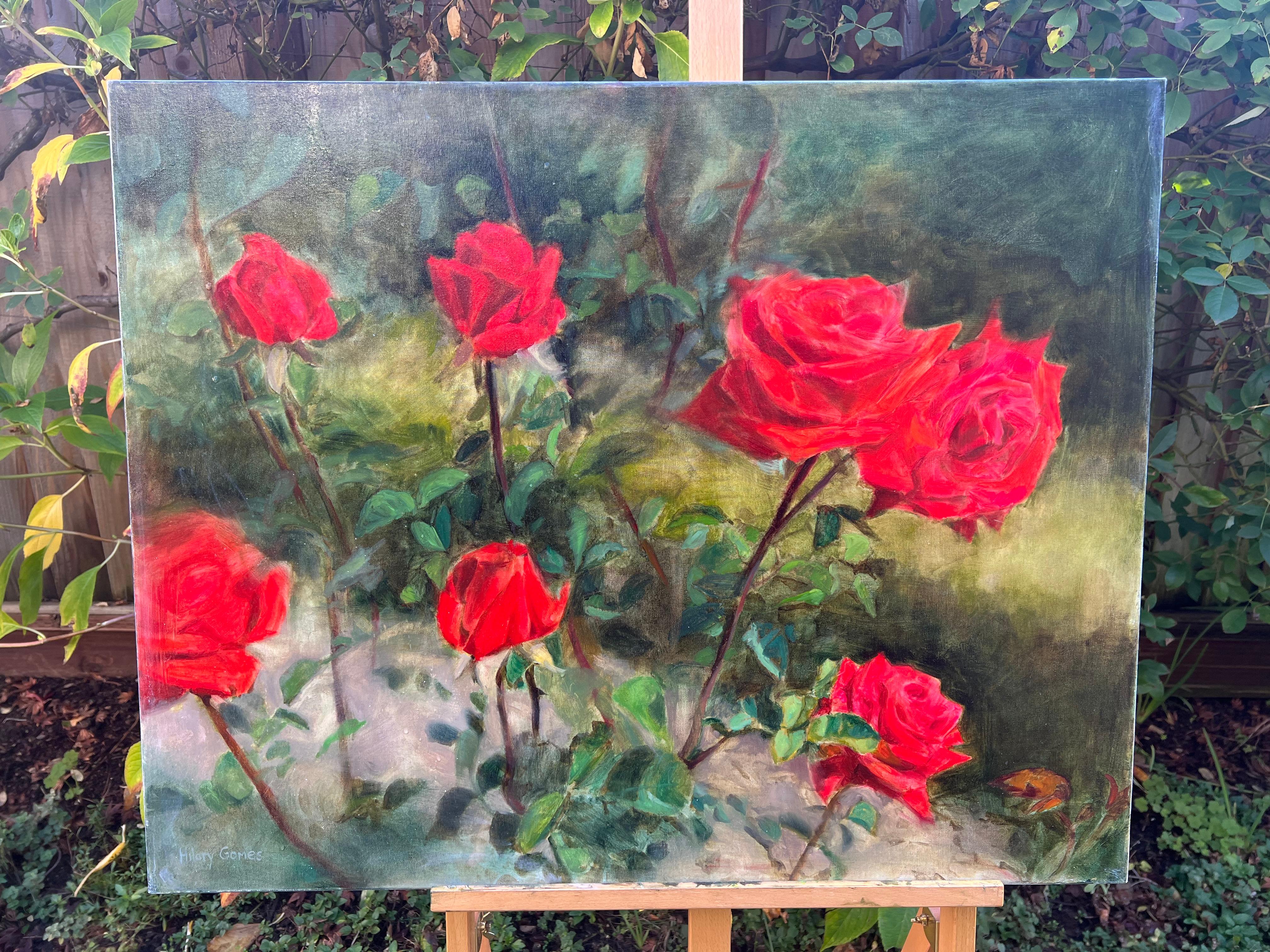 <p>Artist Comments<br />Seven red roses delicately cling to their slender stems and sparse bush. The bright sunlight illuminates their vivid presence, imbuing the garden scene with a classical and timeless charm. The grisaille underpainting and the