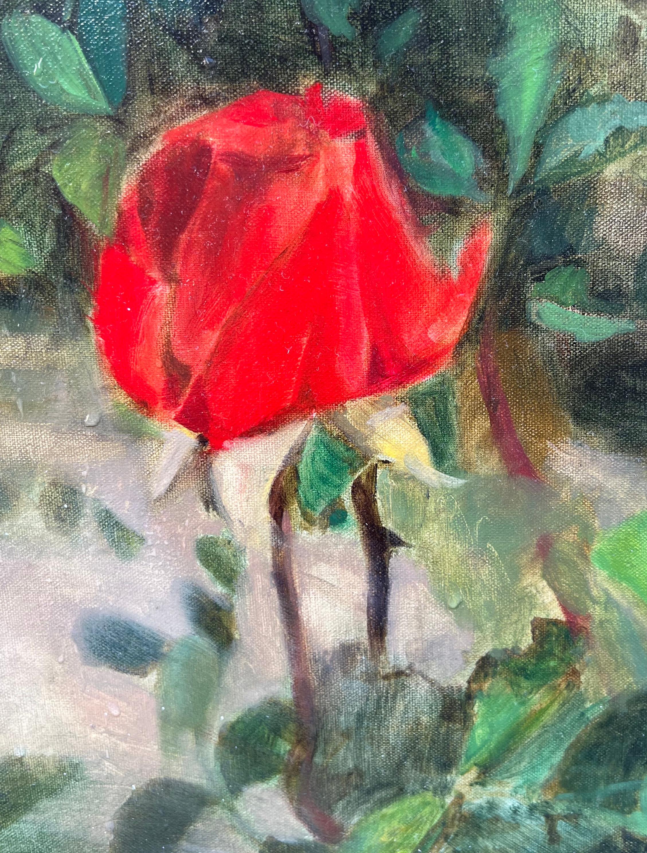 <p>Kommentare des KünstlersSieben rote Rosen klammern sich zart an ihre schlanken Stiele und den spärlichen Busch.<br> Das helle Sonnenlicht beleuchtet ihre lebendige Präsenz und verleiht der Gartenszene einen klassischen und zeitlosen Charme. Die