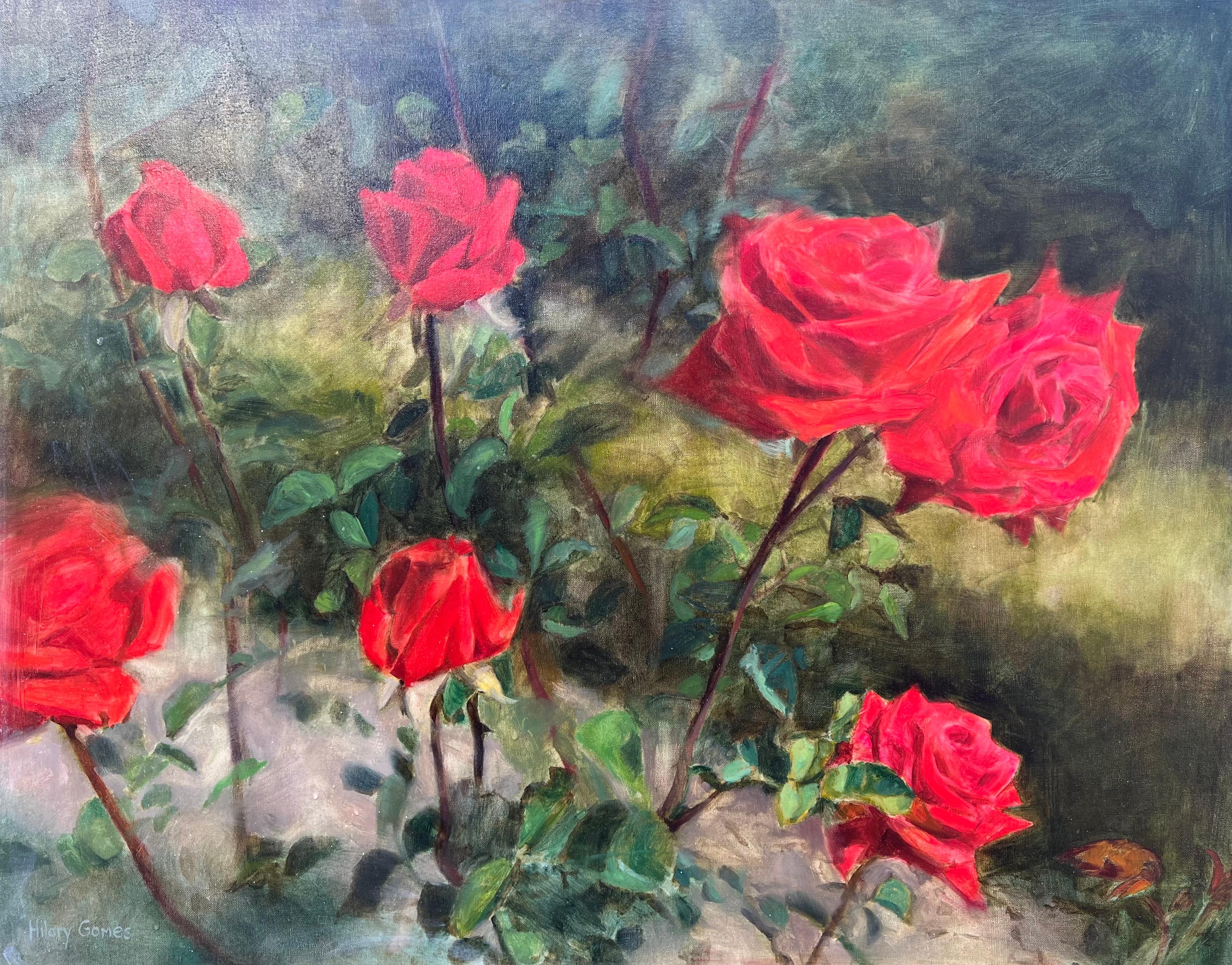 Hilary Gomes Still-Life Painting – Sieben rote Rosen, Ölgemälde