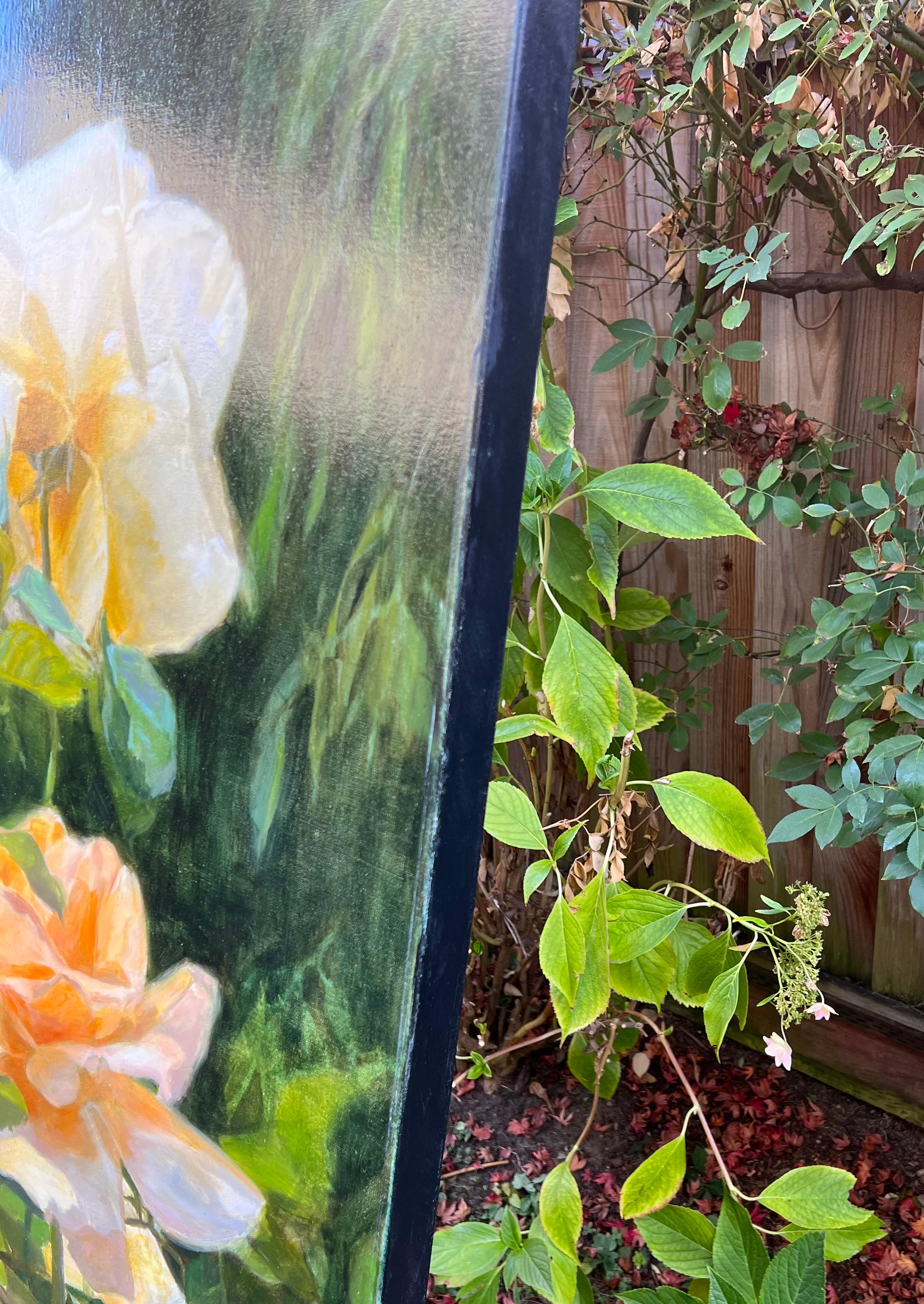 <p>Artist Comments<br>The white roses absorb the golden sunlight, casting a yellow and peachy hue across their petals. Surrounding leaves form a lush backdrop, adding to the vintage charm of the flowers. This painting stands as a testament to the