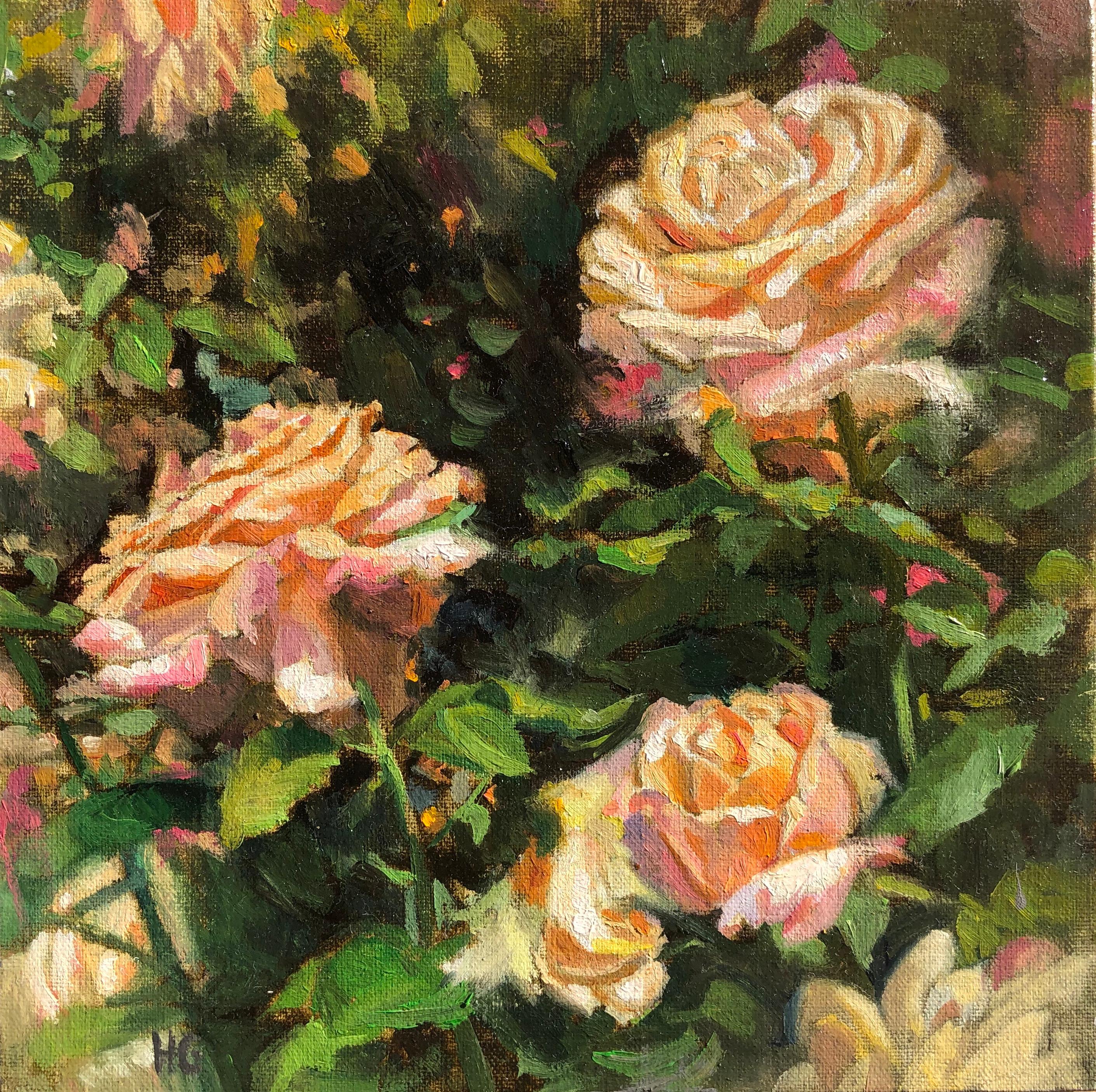Hilary Gomes Still-Life Painting - Three Blooming Peach Roses, Oil Painting