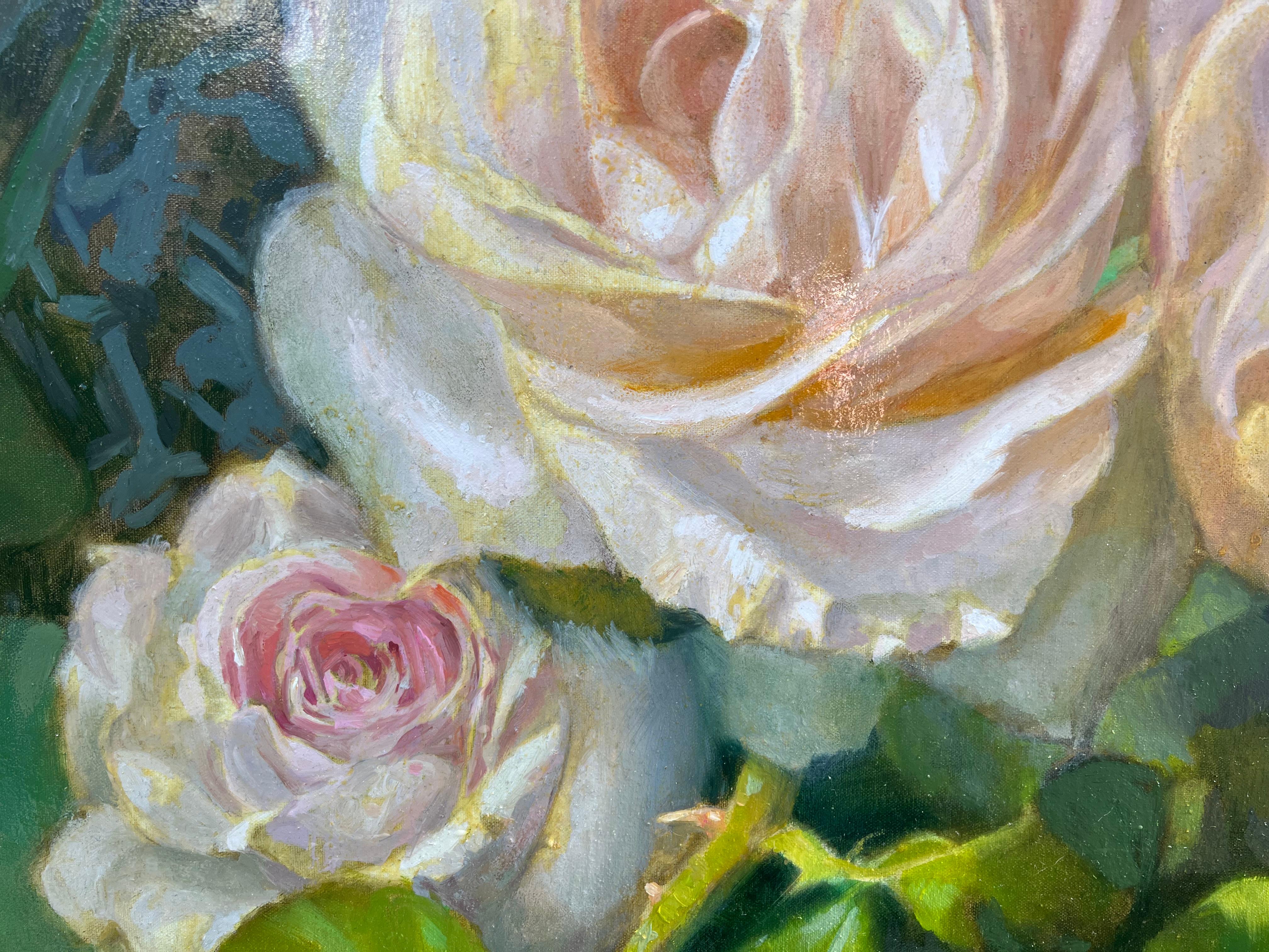 Three Blooming Roses and Thorns, Oil Painting For Sale 1