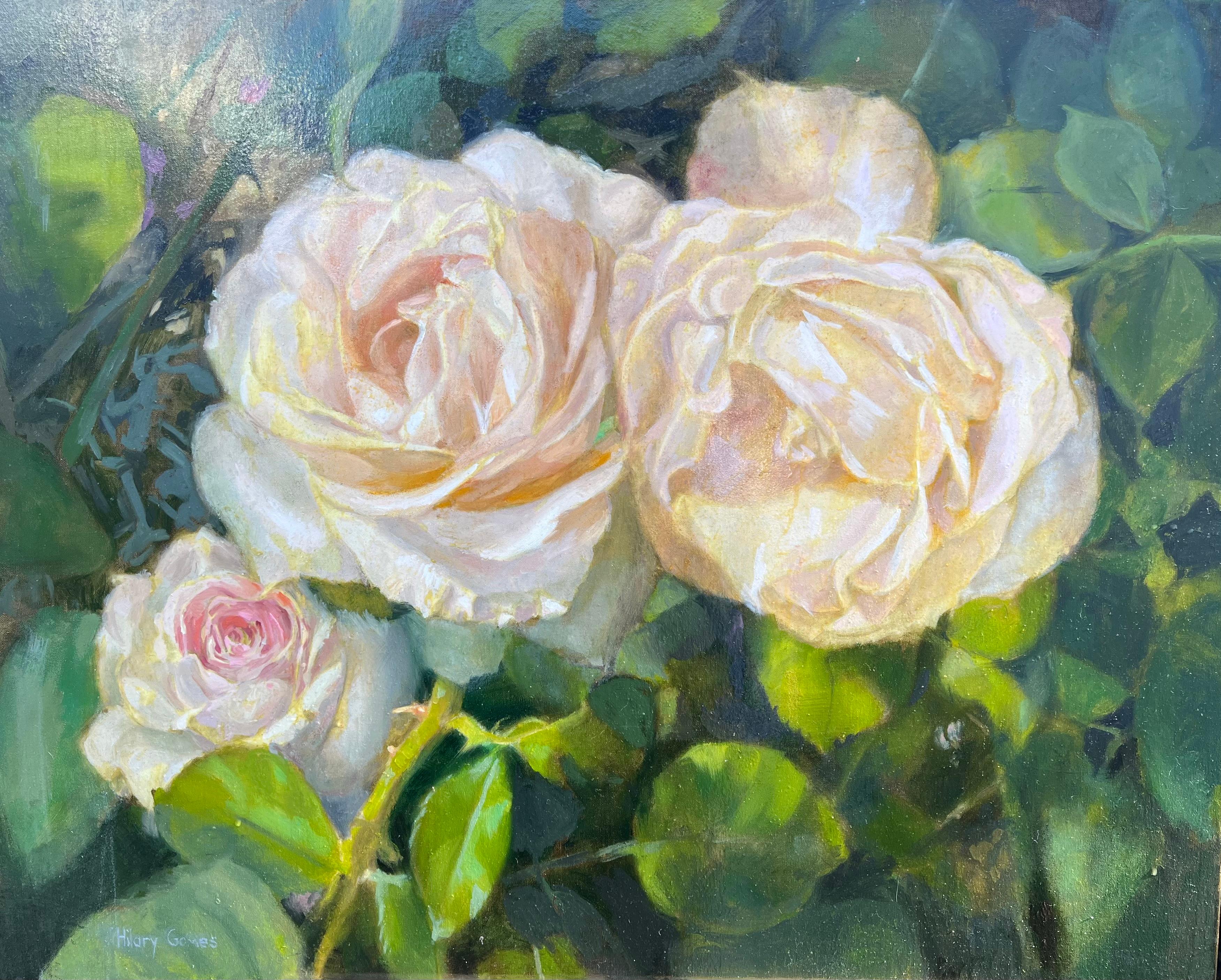 Three Blooming Roses and Thorns, Oil Painting - Art by Hilary Gomes