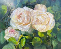 Trois roses en fleurs et épines, peinture à l'huile