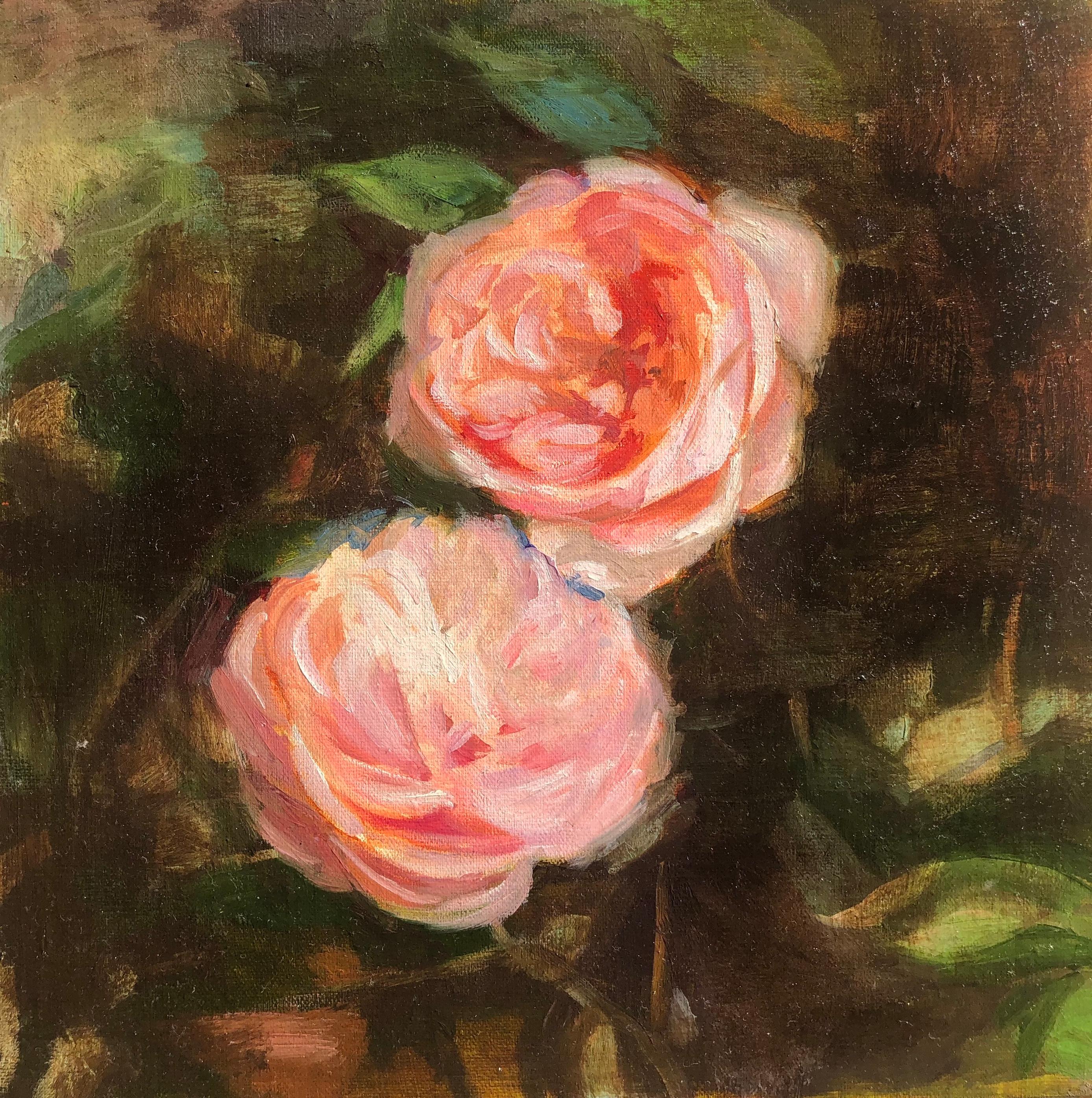 Hilary Gomes Still-Life Painting - Two Vintage Rose, Oil Painting