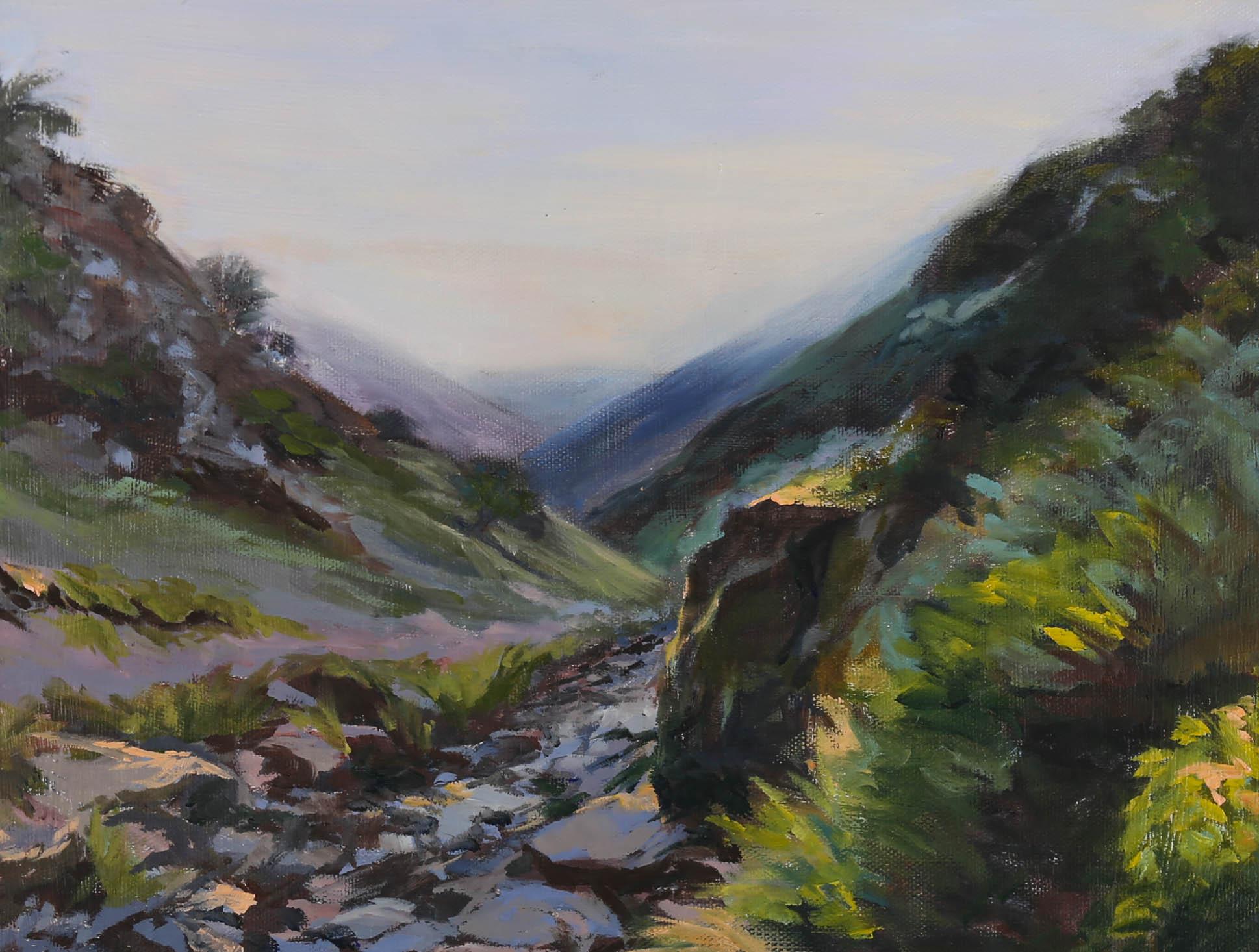 A contemporary composition by British artist Hilary Sinclair, depicting a rugged Scottish valley overrun by heather and wild grasses. The artist's impressionistic style given the painting an overwhelming feeling of emptiness. Unsigned. On canvas on