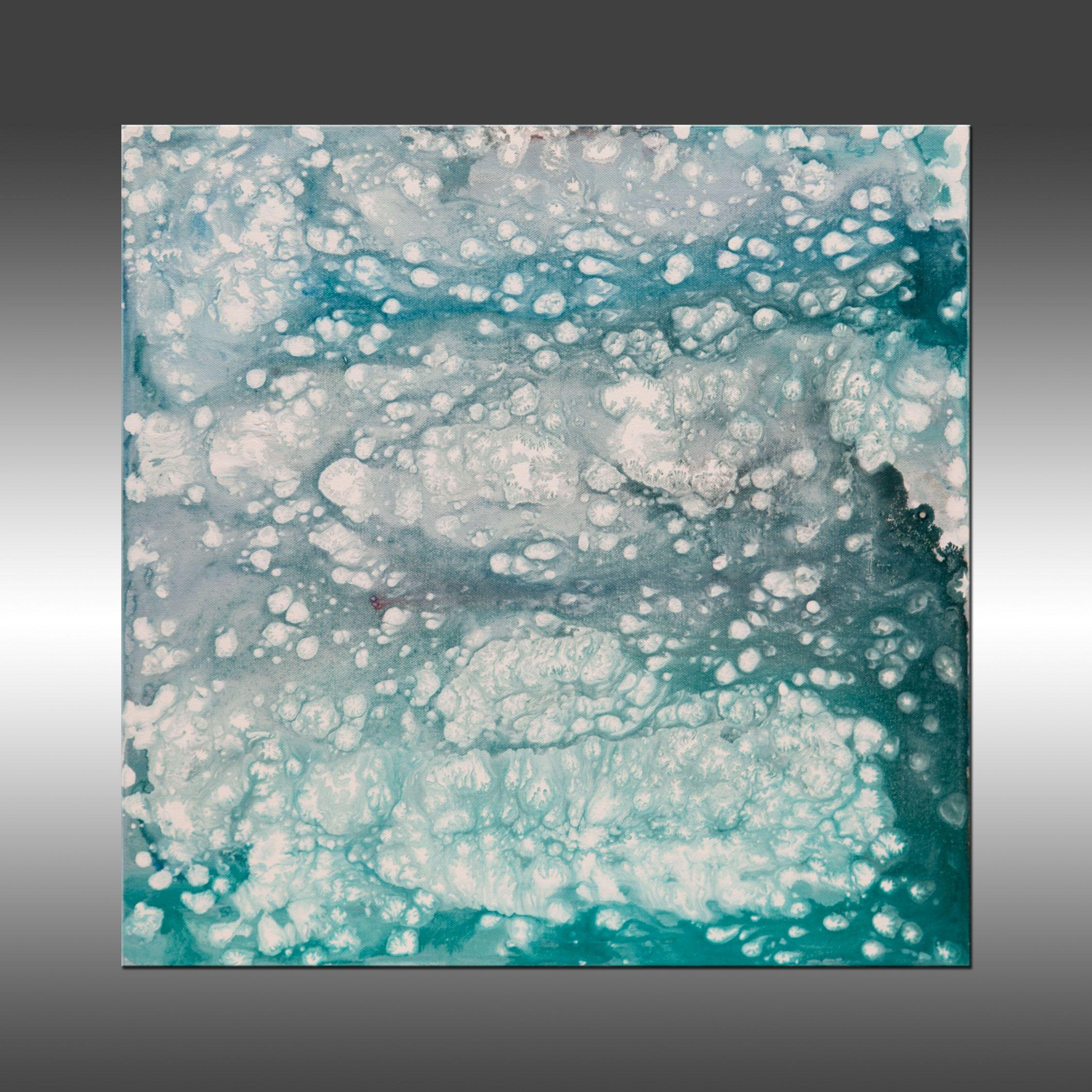 Aquamarine is an original painting, created with acrylic paint on gallery-wrapped canvas. It has a width of 20 inches and a height of 20 inches with a depth of 1.5 inches (20x20x1.5).     The colors used in the painting are white, blue, teal, gray