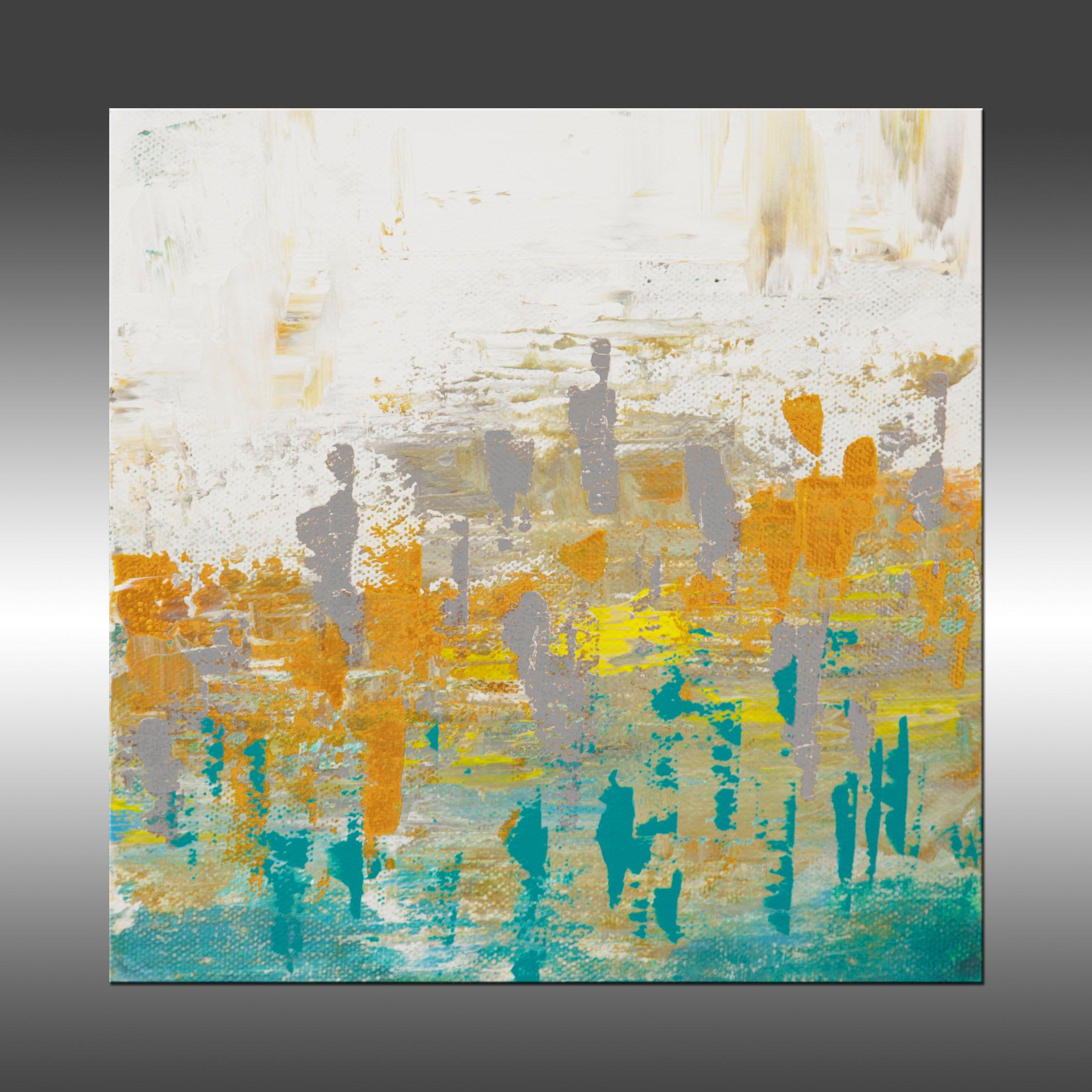 Ascension 10 is an original painting, created with acrylic paint on gallery-wrapped canvas. It has a width of 8 inches and a height of 8 inches with a depth of 1.5 inches (8x8x1.5).    The colors used in the painting are teal, taupe, white, yellow,