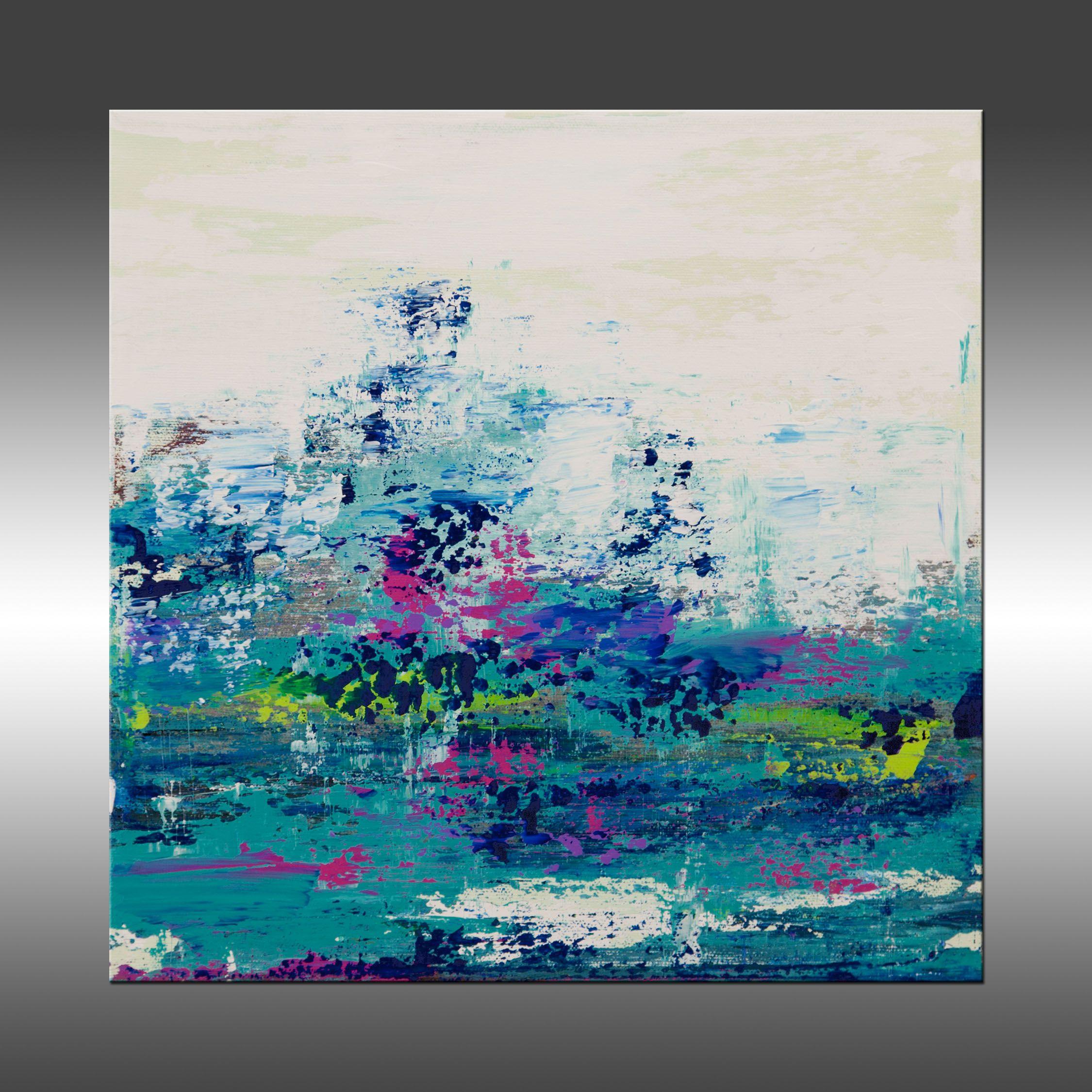 Ascension 11 is an original painting, created with acrylic paint on gallery-wrapped canvas. It has a width of 12 inches and a height of 12 inches with a depth of 1.5 inches (12x12x1.5).    The colors used in the painting are teal, white, blue,
