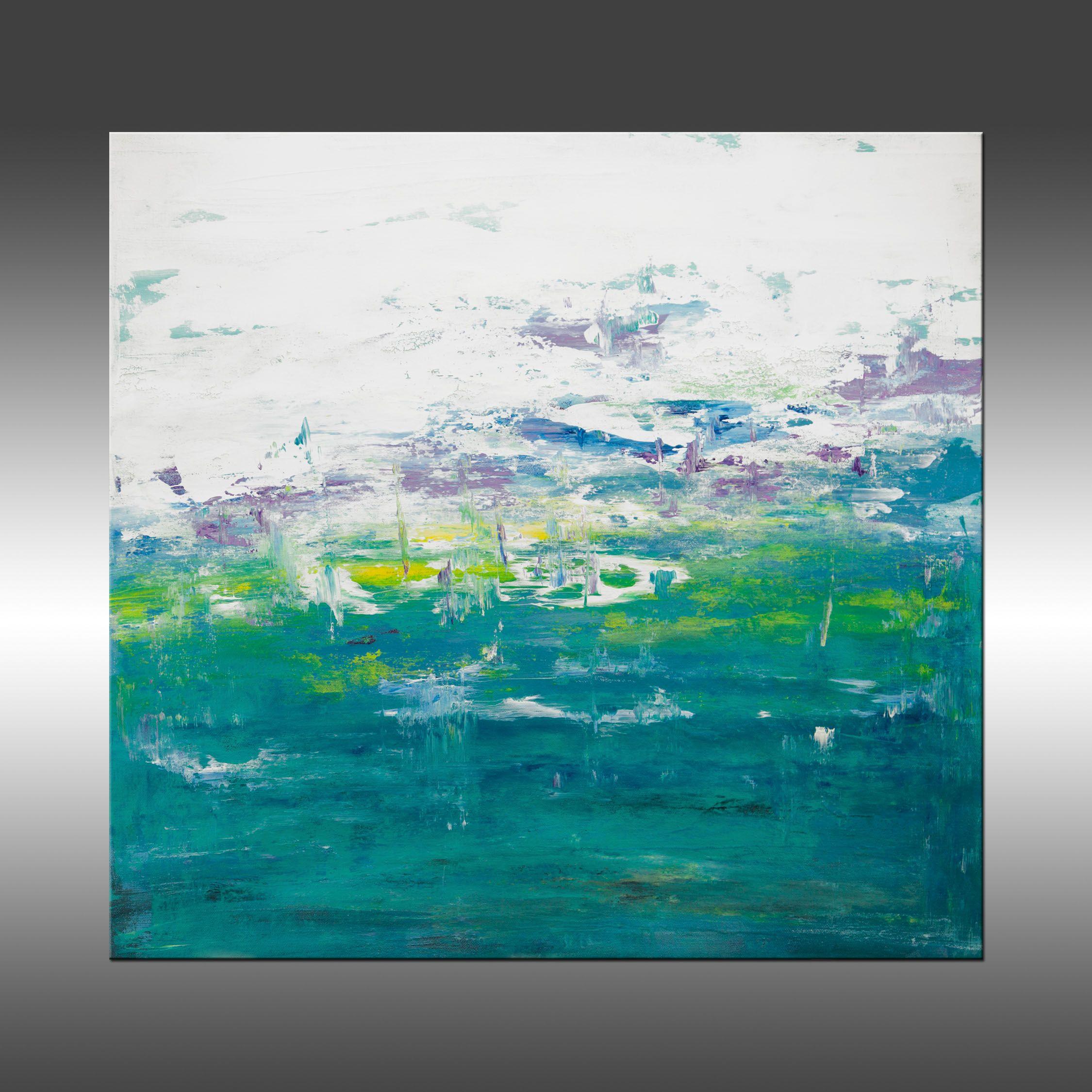 Ascension 12 is an original painting, created with acrylic paint on an unstretched canvas. It has a width of 24 inches and a height of 23 inches (23x24 inches).    The colors used in the painting are yellow, teal, white, blue, green, violet, and