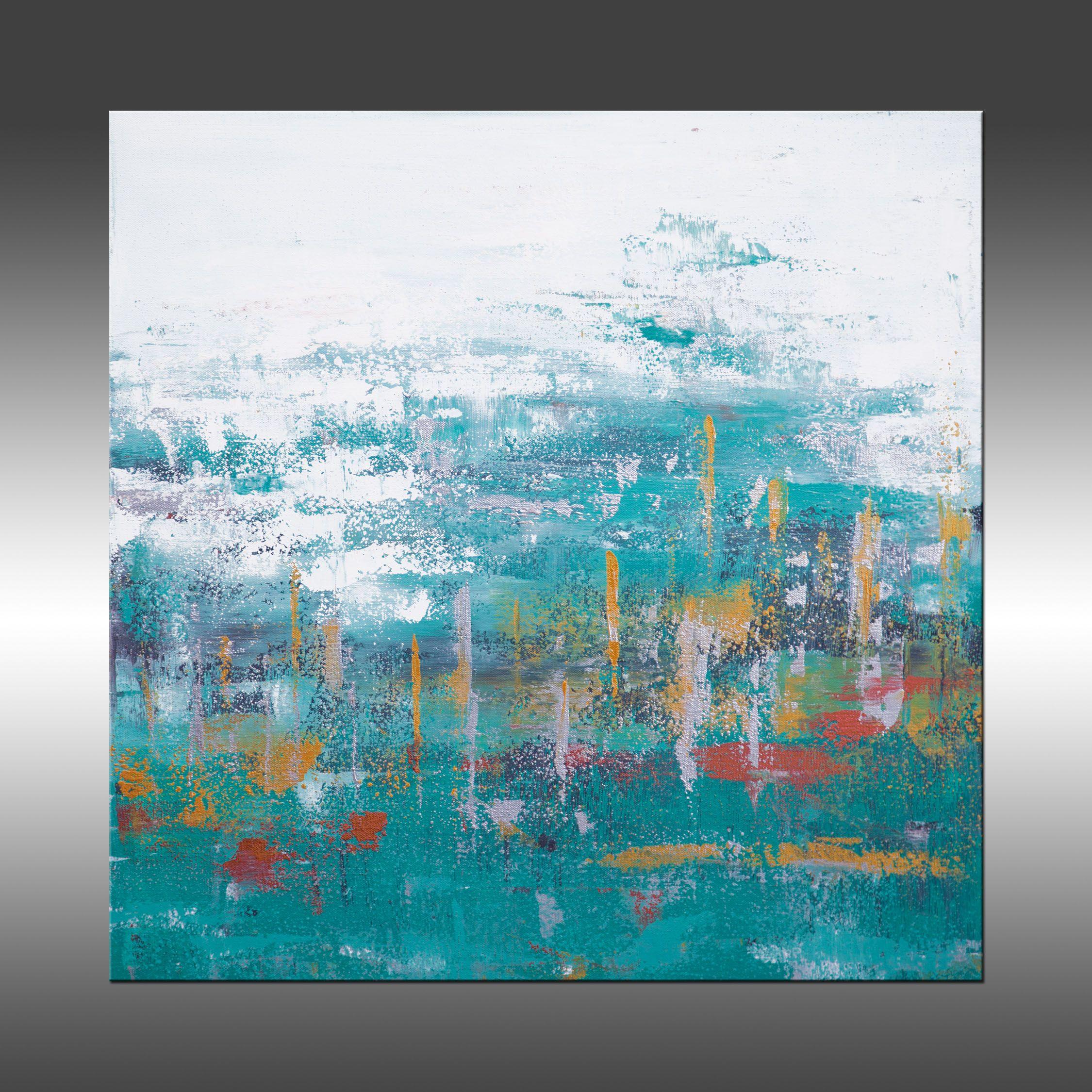 Ascension 13 is an original painting, created with acrylic paint on gallery-wrapped canvas. It has a width of 24 inches and a height of 24 inches with a depth of 1.5 inches (24x24x1.5).     The colors used in the painting are blue, gray, teal,