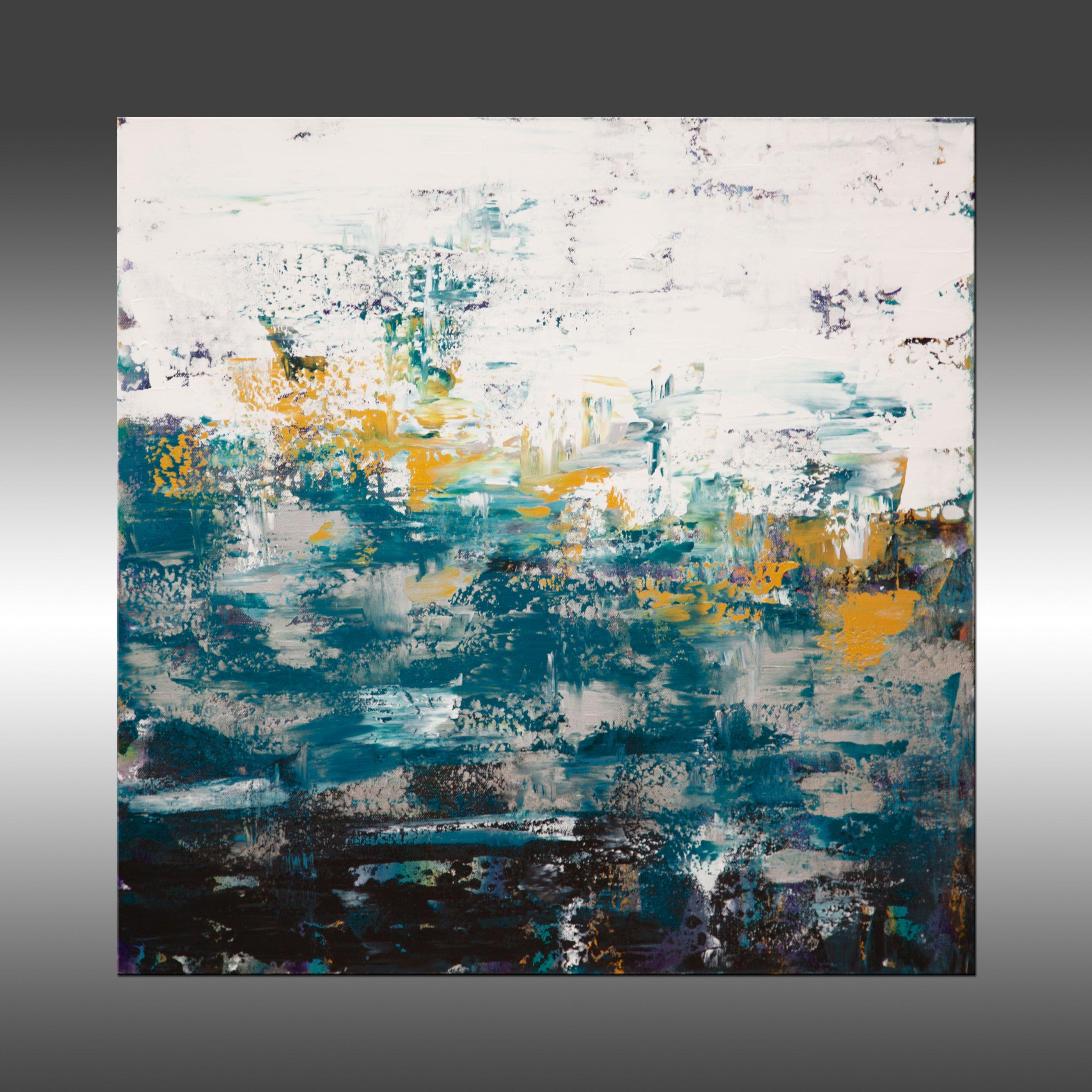 Ascension 17 is an original painting, created with acrylic paint on gallery-wrapped canvas. It has a width of 24 inches and a height of 24 inches with a depth of 1.5 inches (24x24x1.5).    The colors used in the painting are white, gray, teal,