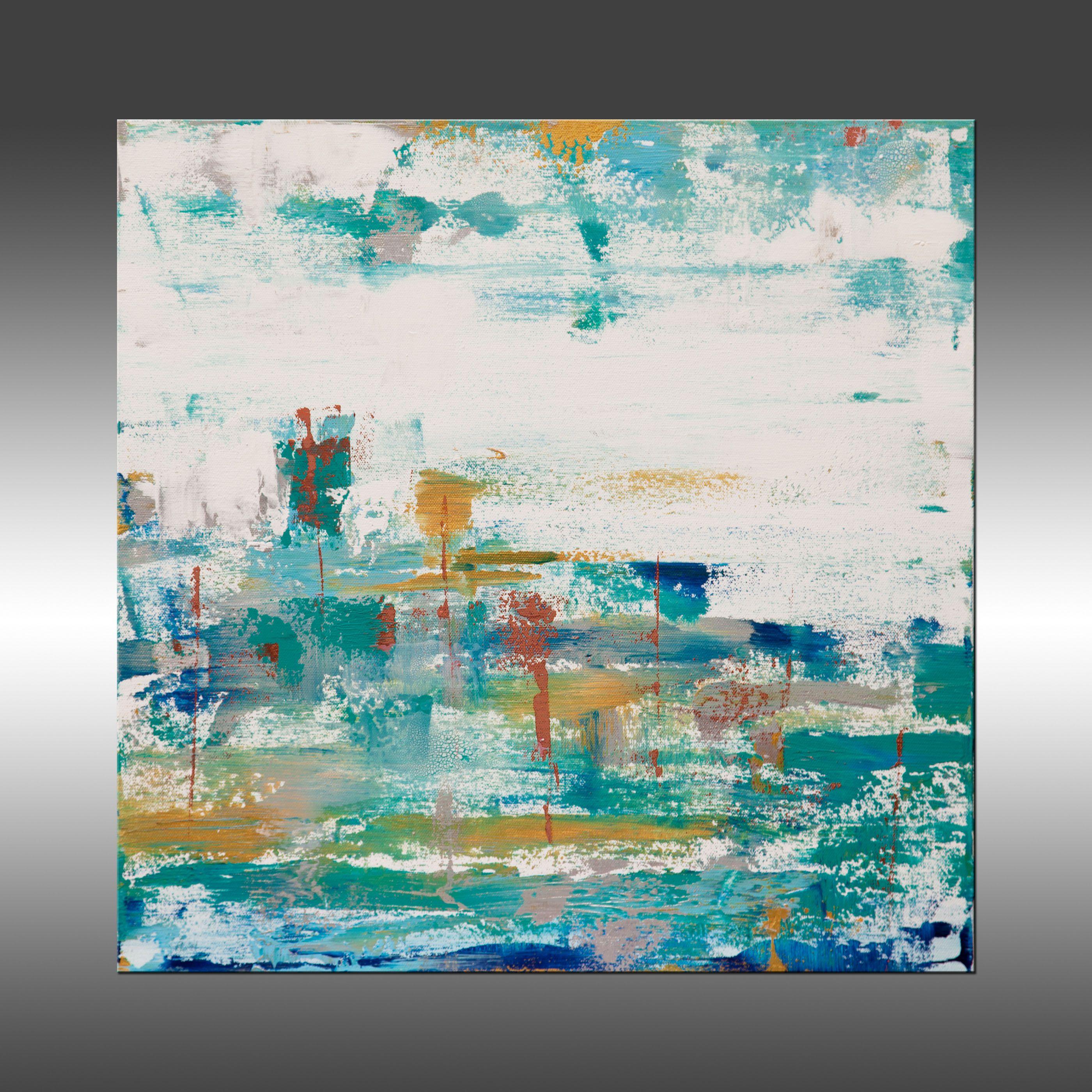 Ascension 18 is an original painting, created with acrylic paint on gallery-wrapped canvas. It has a width of 20 inches and a height of 20 inches with a depth of 1.5 inches (20x20x1.5).    The colors used in the painting are white, blue, teal, gold,