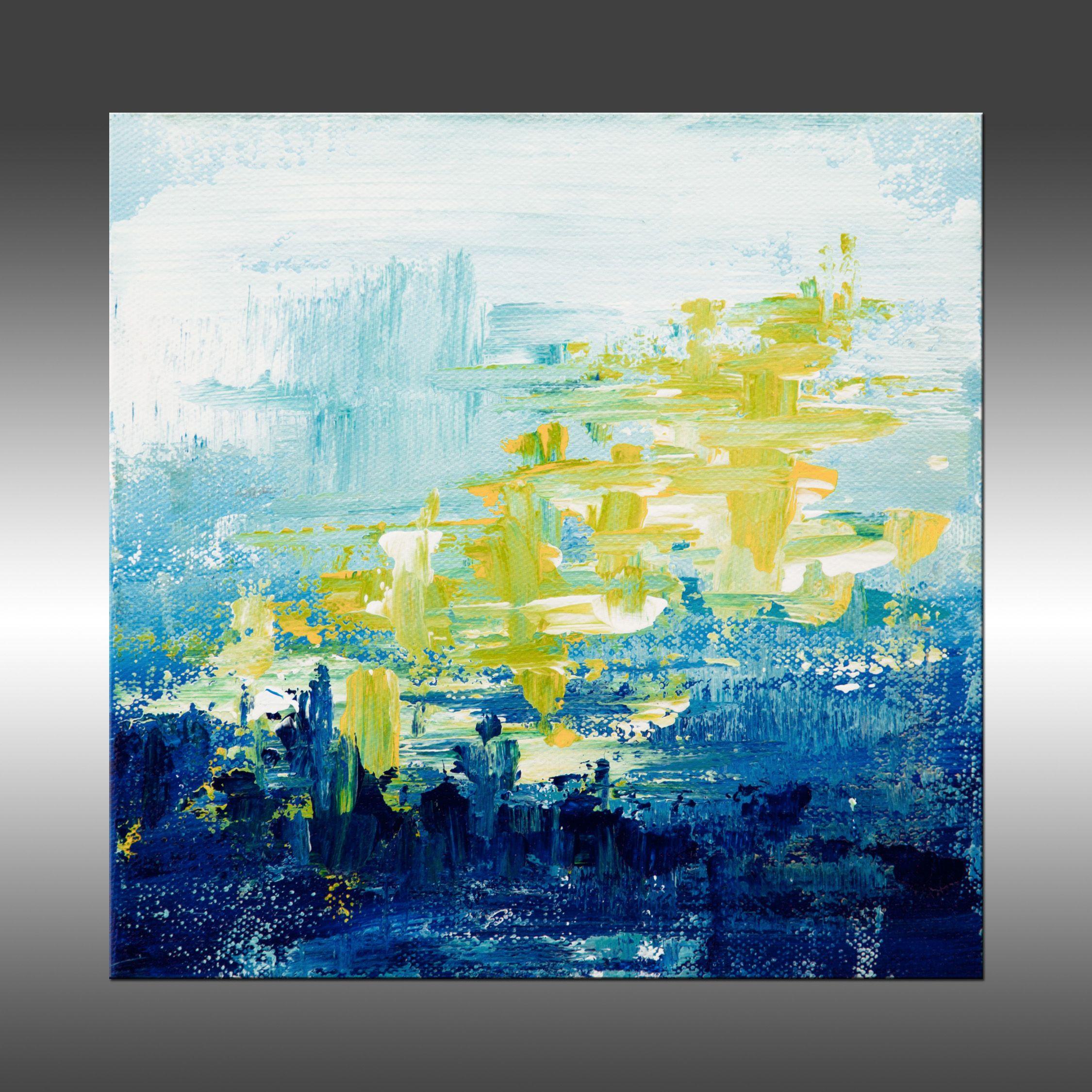 Ascension 6 is an original painting, created with acrylic paint on gallery-wrapped canvas. It has a width of 8 inches and a height of 8 inches with a depth of 1.5 inches (8x8x1.5).    The colors used in the painting are blue, white, and yellow, and