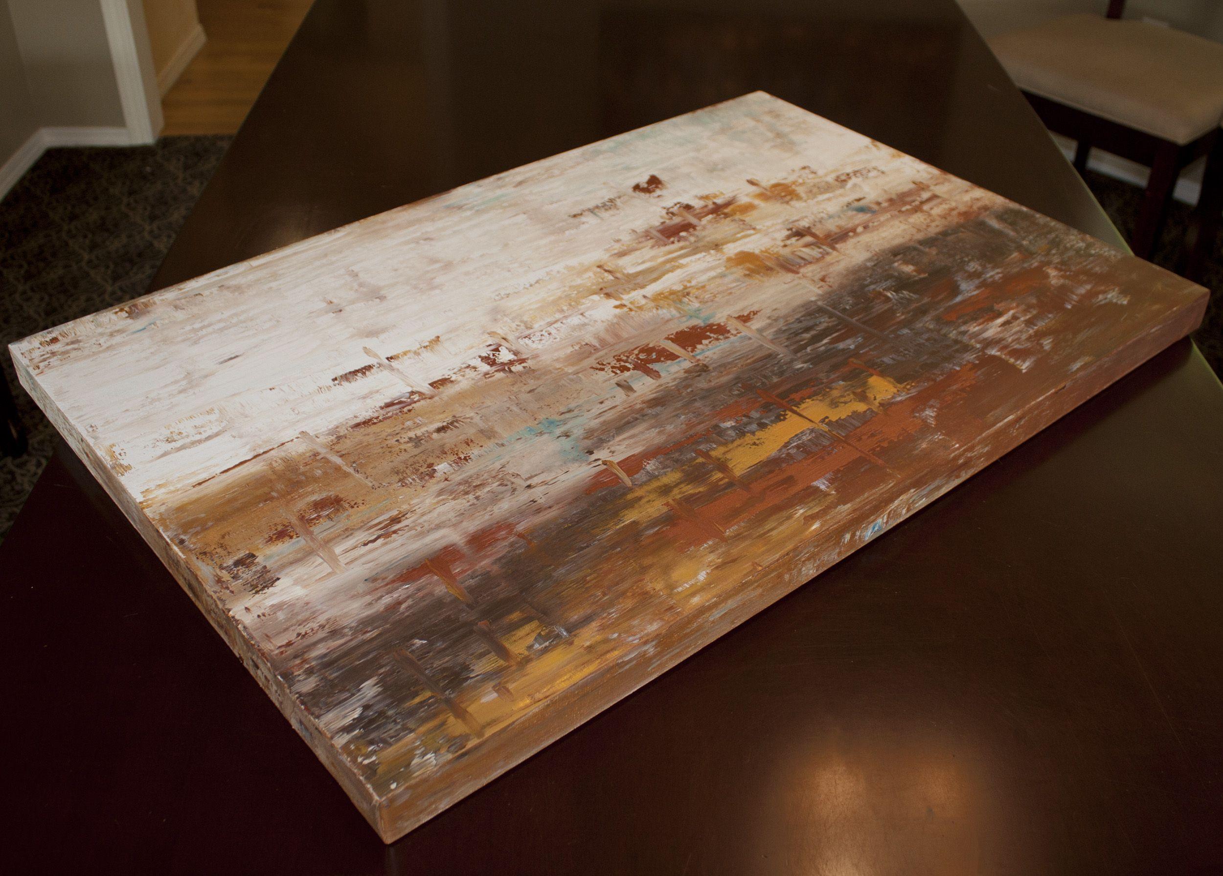 Ascension 7 is an original painting, created with acrylic paint on gallery-wrapped canvas. It has a width of 36 inches and a height of 24 inches with a depth of 1.5 inches (24x36x1.5).     The colors used in the painting are white, brown, rust red,