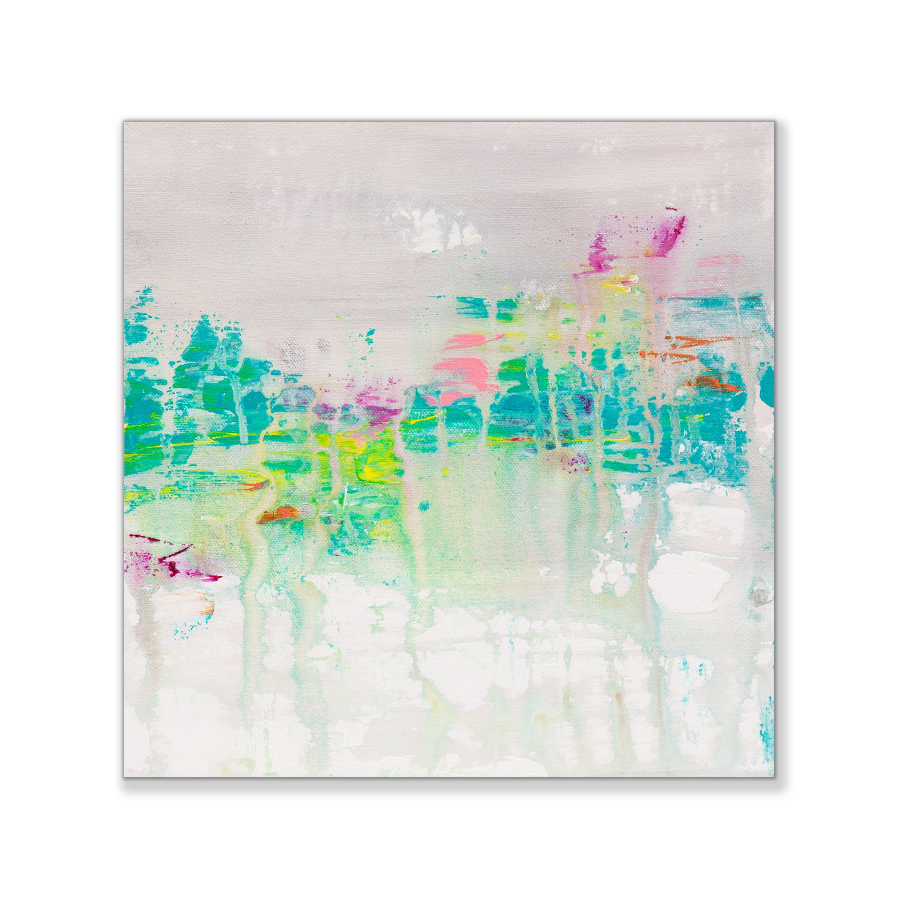 Asthenosphere 15 è un dipinto originale, realizzato con colori acrilici su una tela avvolta in una galleria. Ha una larghezza di 12 pollici e un'altezza di 12 pollici con una profondità di 1,5 pollici (12x12x1,5).    I colori utilizzati nel dipinto
