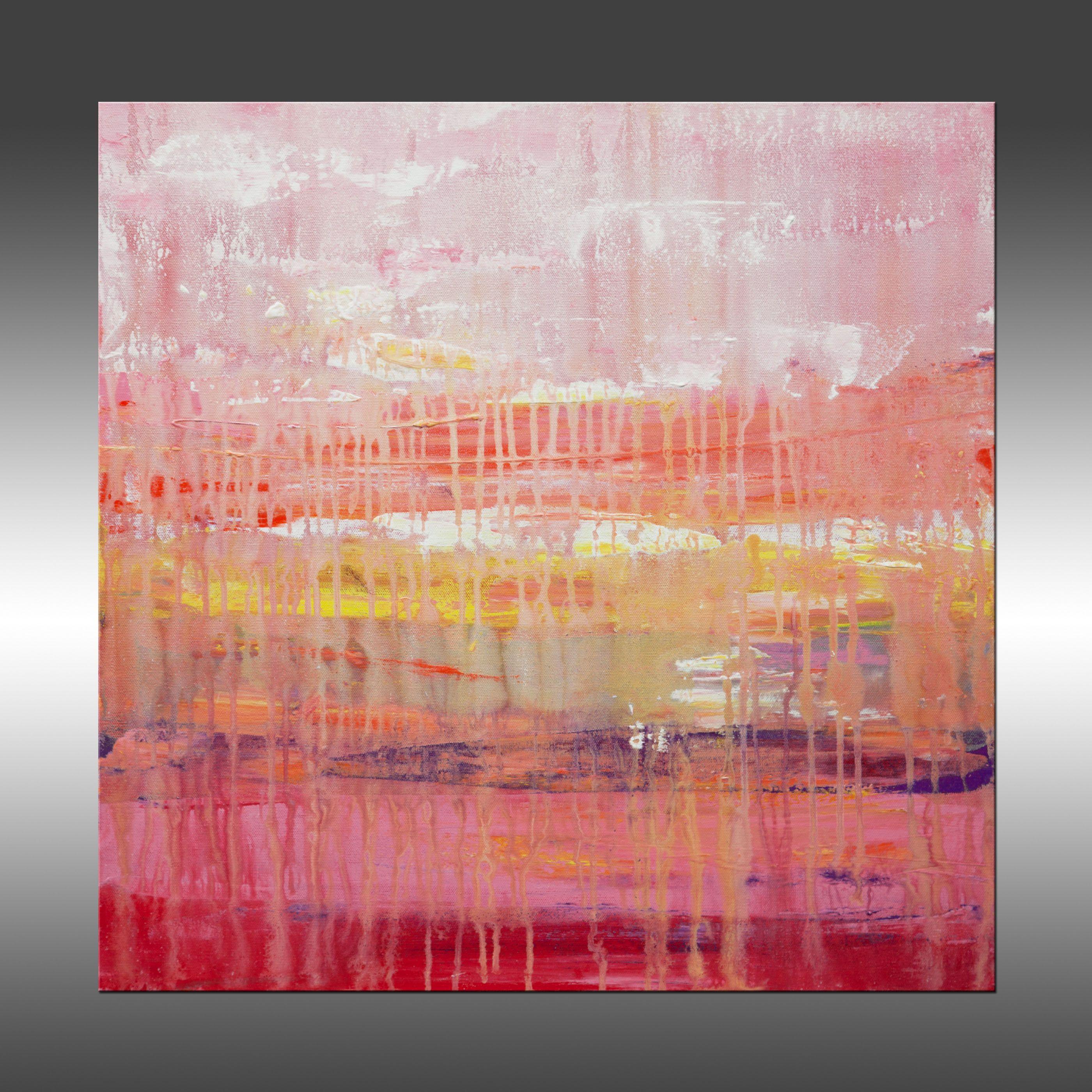 Asthenosphere 3 is an original painting, created with acrylic paint on gallery-wrapped canvas. It has a width of 24 inches and a height of 24 inches with a depth of 1.5 inches (24x24x1.5).    The colors used in the painting are white, pink, orange,
