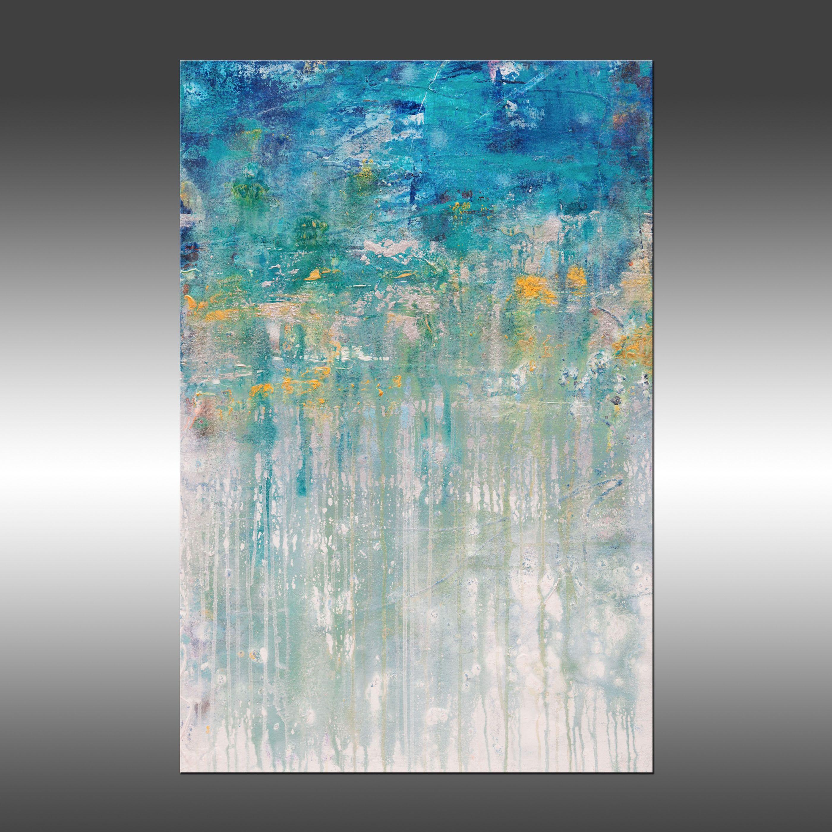 Asthenosphere 4 is an original painting, created with acrylic paint on gallery-wrapped canvas. It has a width of 36 inches and a height of 24 inches with a depth of 1.5 inches (36x24x1.5).     The colors used in the painting are white, blue, teal,