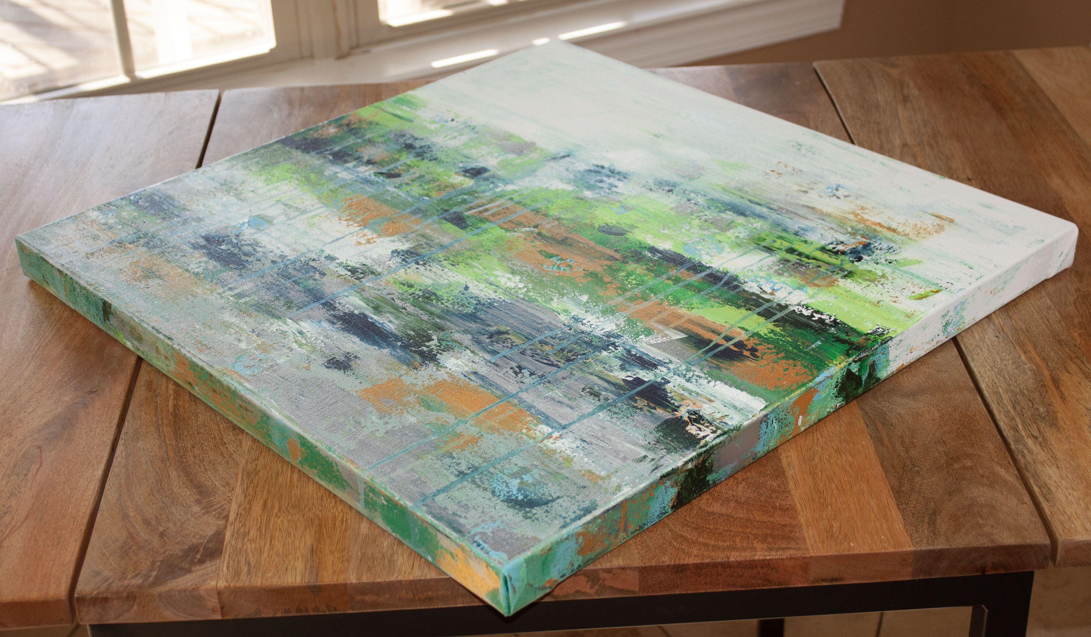 Asthenosphere 8 è un dipinto originale, realizzato con colori acrilici su una tela avvolta in una galleria. Ha una larghezza di 24 pollici e un'altezza di 24 pollici con una profondità di 1,5 pollici (24x24x1,5). I colori utilizzati nel dipinto sono