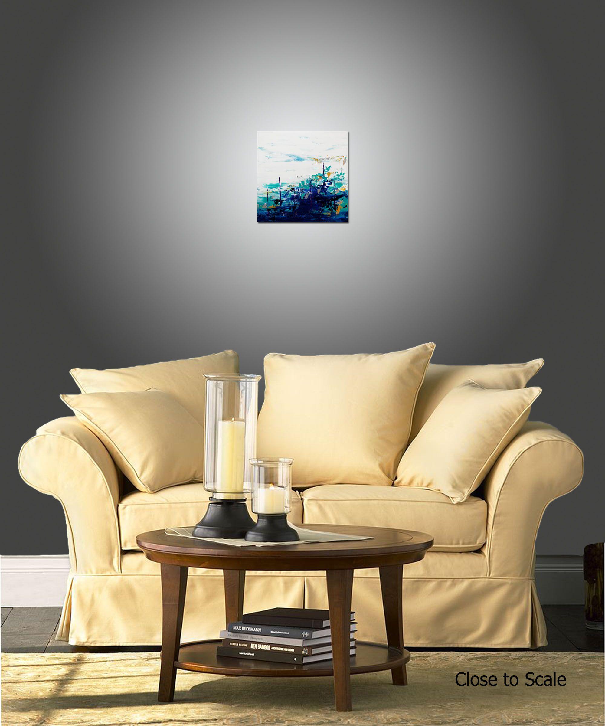 Blue Lake 11 is an original painting, created with acrylic paint on gallery-wrapped canvas. It has a width of 18 inches and a height of 18 inches with a depth of 1.5 inches (18x18x1.5).    The colors used in the painting are white, blue, teal,