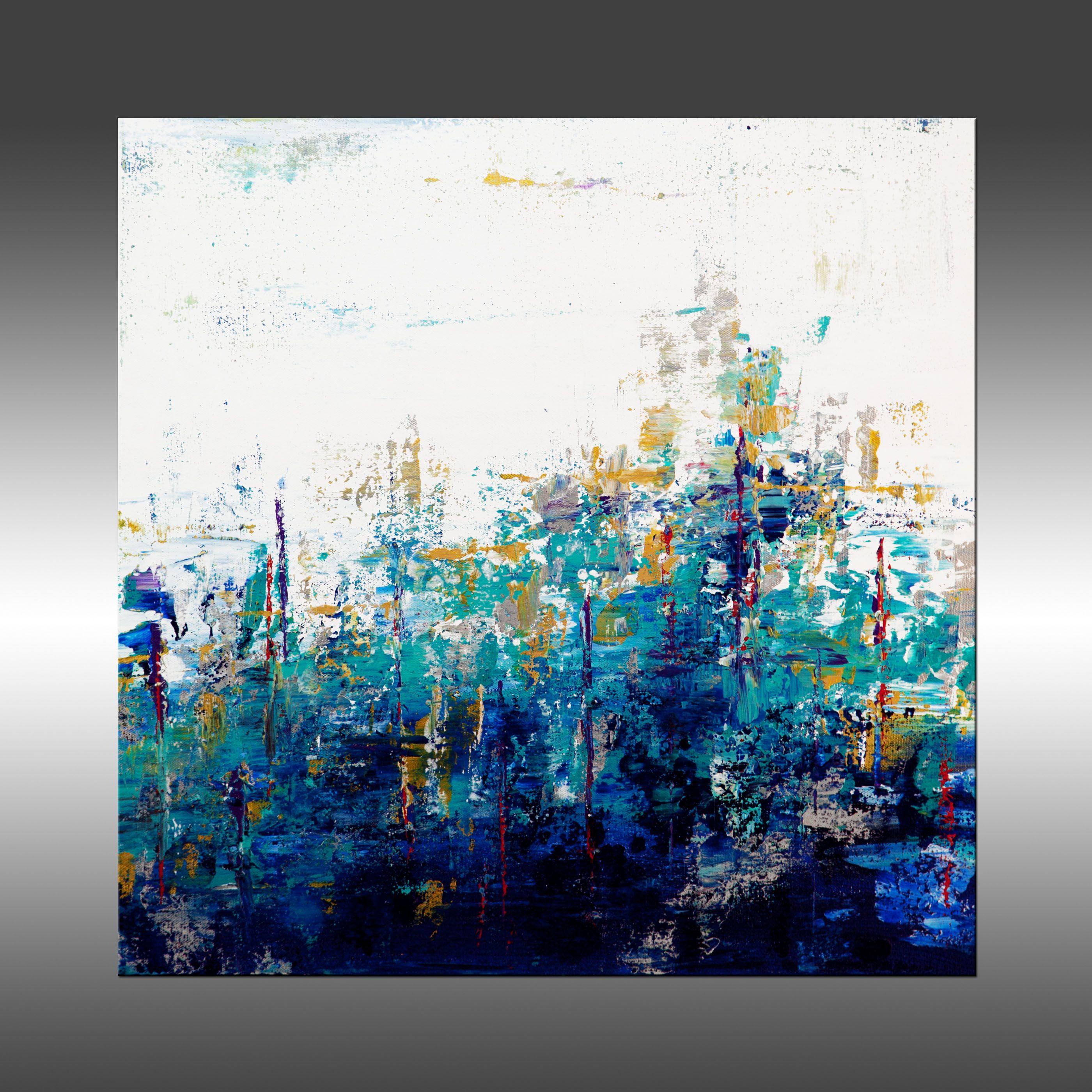 Blue Lake 12 is an original painting, created with acrylic paint on gallery-wrapped canvas. It has a width of 18 inches and a height of 18 inches with a depth of 1.5 inches (18x18x1.5).    The colors used in the painting are white, blue, teal,