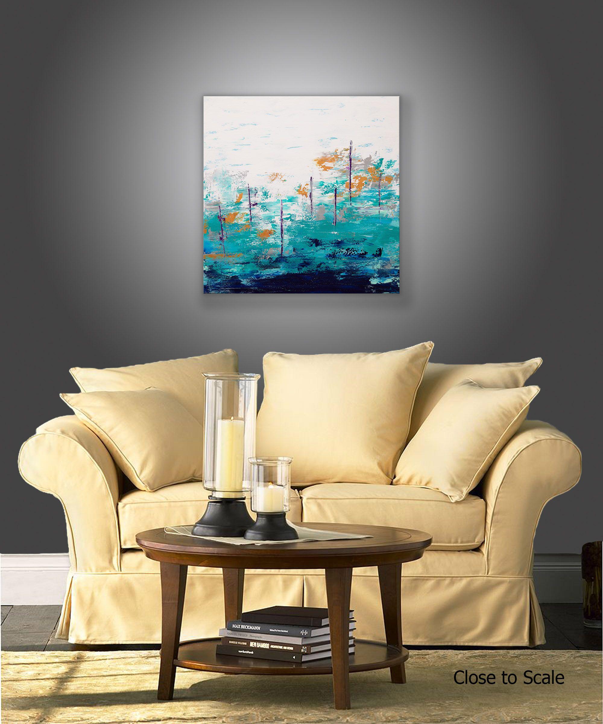 Blue Lake 16 ist ein Originalgemälde, das mit Acrylfarbe auf galerieumwickelter Leinwand gemalt wurde. Es hat eine Breite von 30 Zoll und eine Höhe von 30 Zoll mit einer Tiefe von 1,5 Zoll (30x30x1,5). Die Malerei setzt sich an den Rändern der