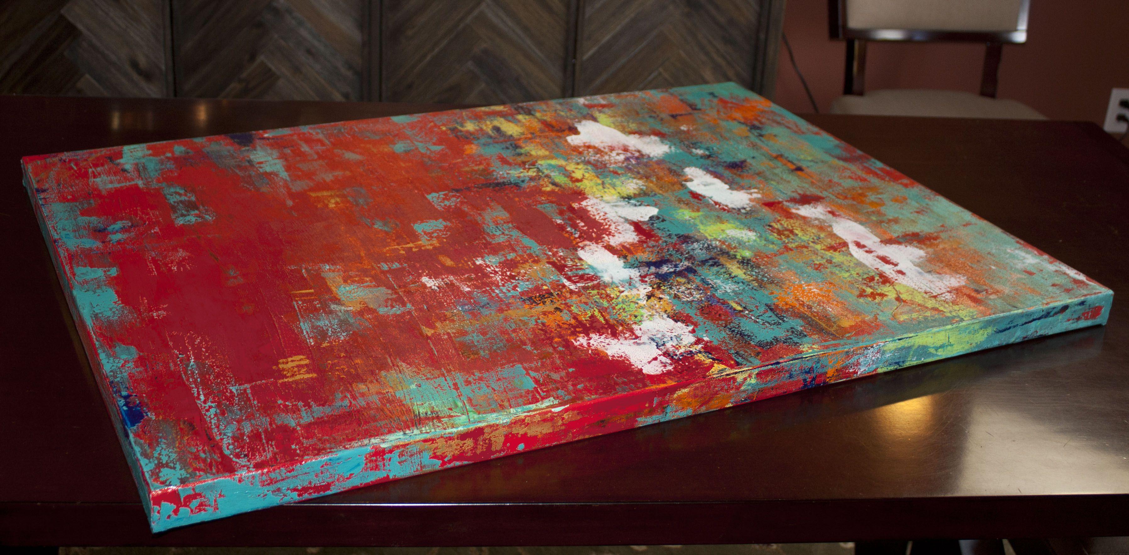 Complex Thought è un dipinto originale, realizzato con colori acrilici su una tela avvolta in una galleria. Ha una larghezza di 30 pollici e un'altezza di 40 pollici con una profondità di 1,5 pollici (30x40x1,5).    I colori utilizzati nel dipinto